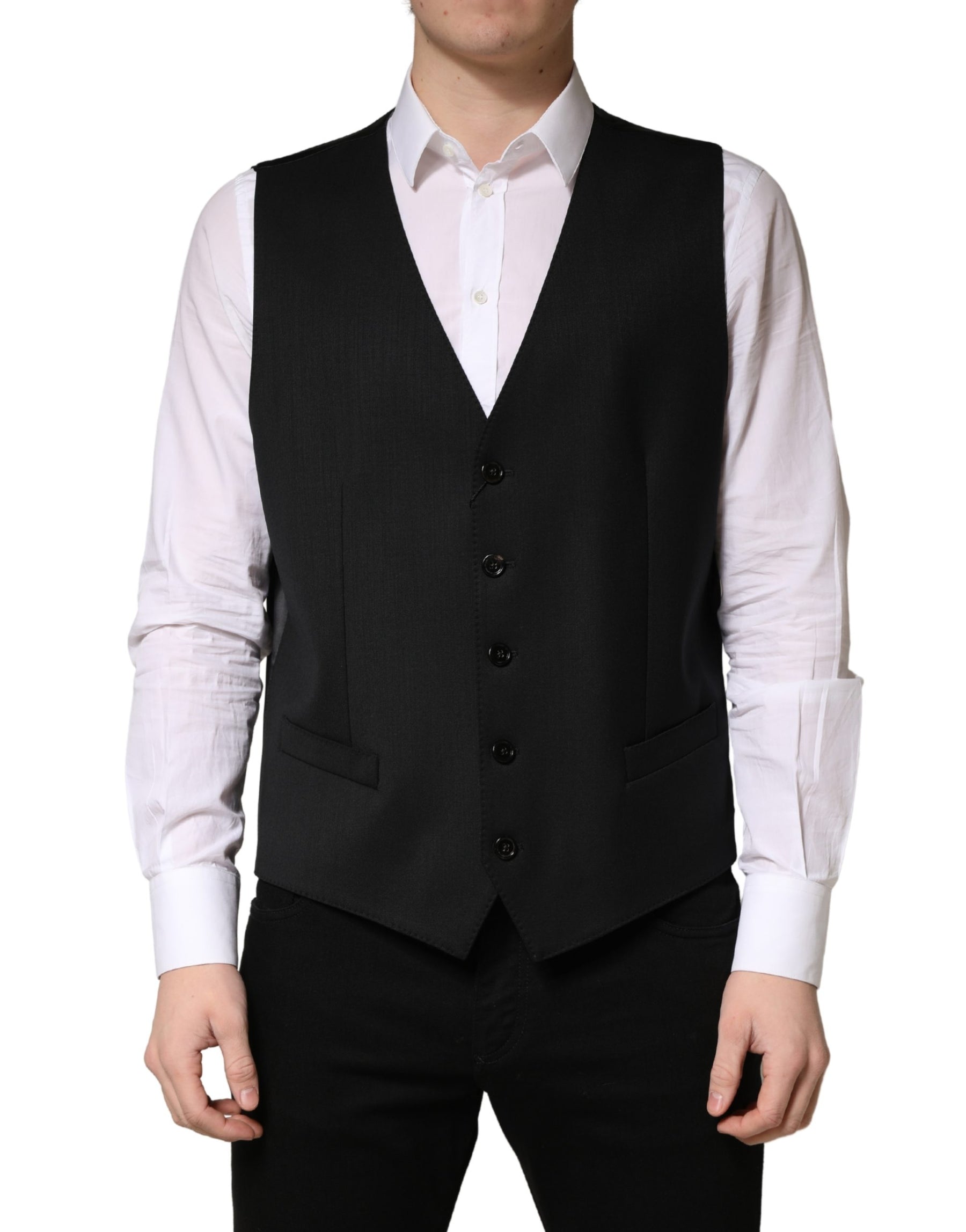 Dolce & Gabbana Black Wool Single Breasted Men Waistcoat Vest | Regal Royce
