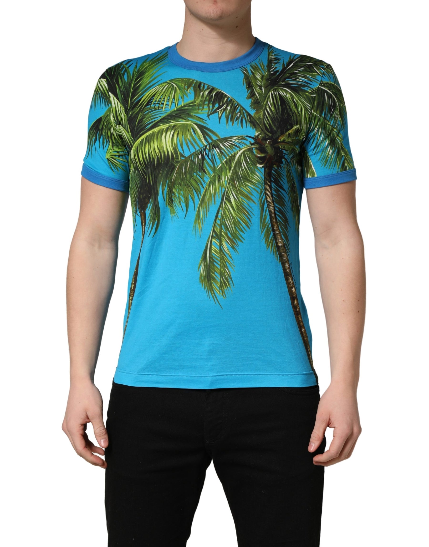Dolce & Gabbana Blue Palm Tree Print Cotton CrewNeck T-shirt | Regal Royce