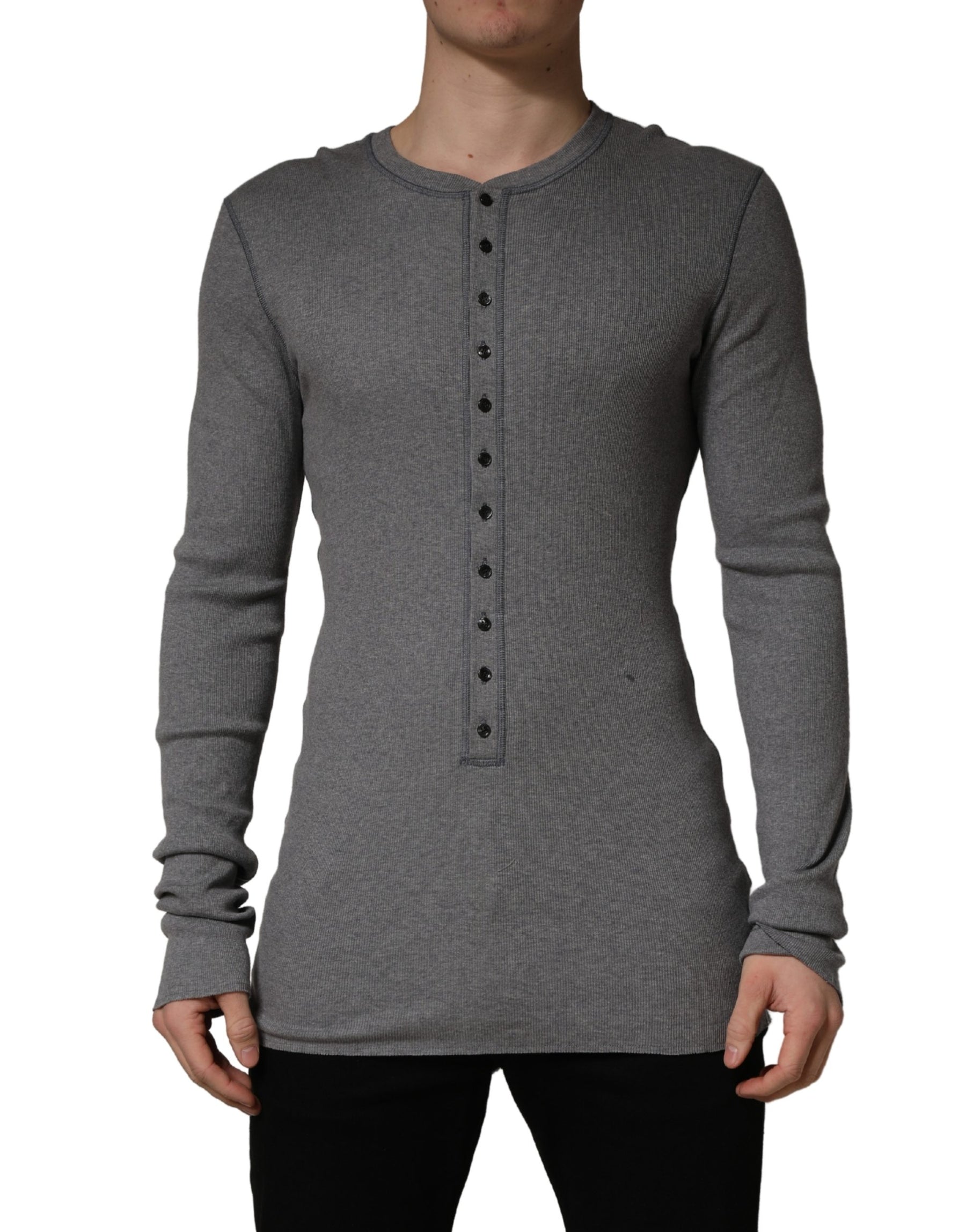 Dolce & Gabbana Gray Ribbed Cotton Long-Sleeve Henley  T-shirt | Regal Royce