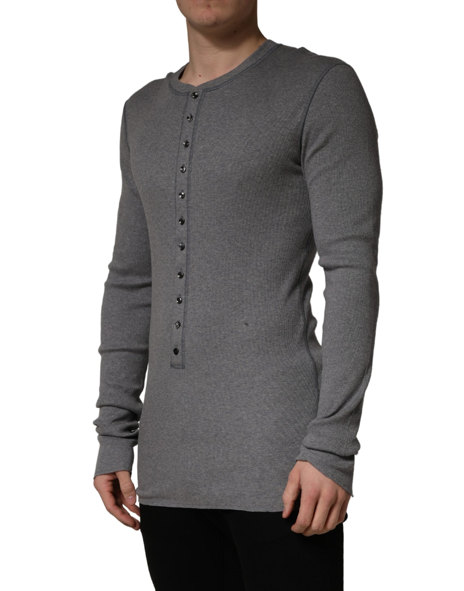 Dolce & Gabbana Gray Ribbed Cotton Long-Sleeve Henley  T-shirt | Regal Royce