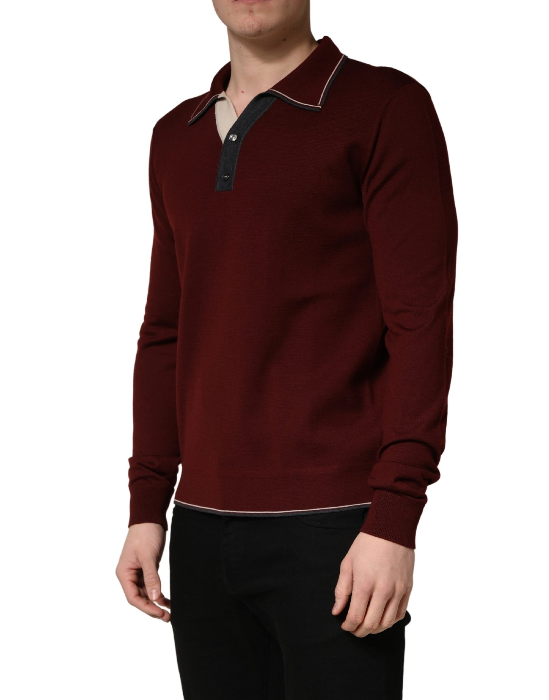 Dolce & Gabbana Maroon Re-Edition Wool Long Sleeves T-shirt | Regal Royce