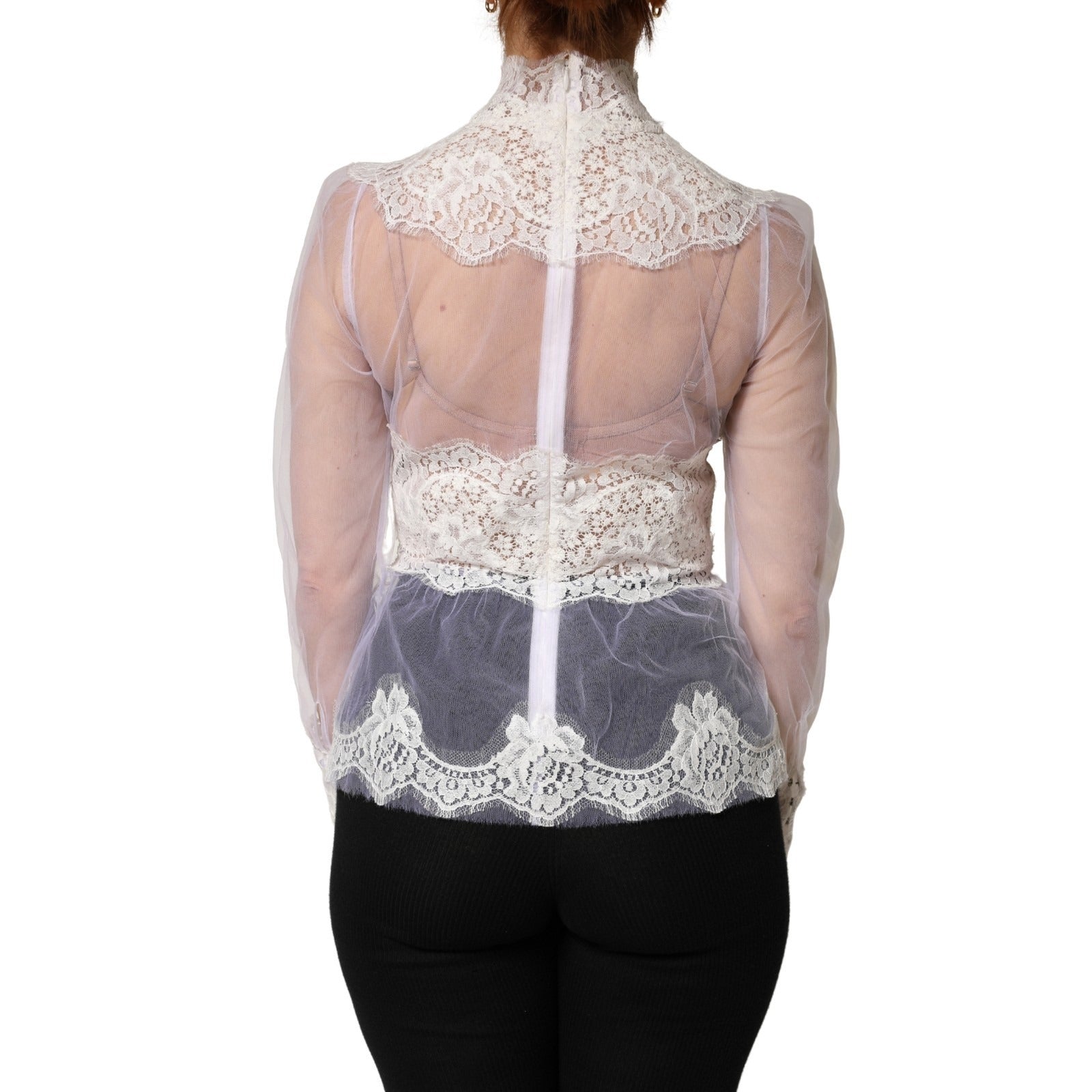 Dolce & Gabbana White Nylon Lace Tulle Sheer Long Sleeve Top | Regal Royce