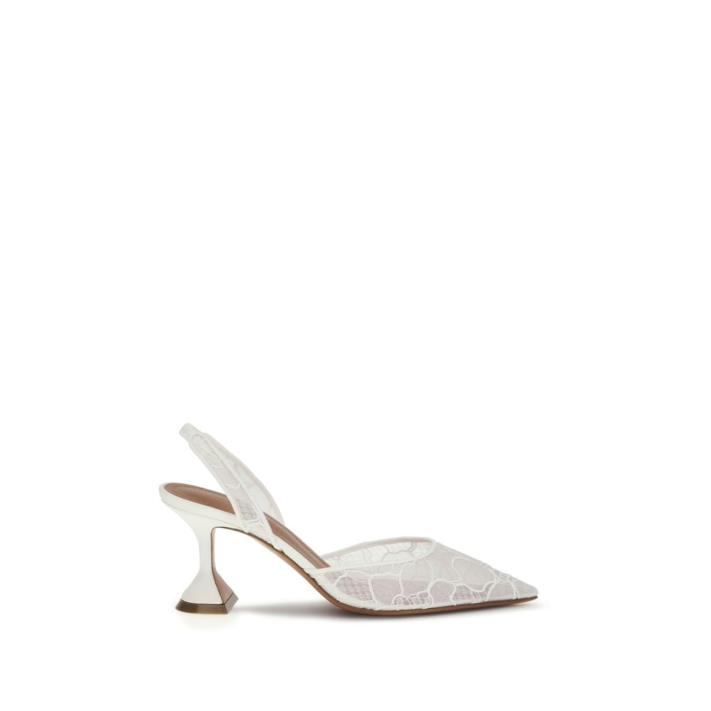 Amina Muaddi White Fabric Mid Heel Pumps | Regal Royce