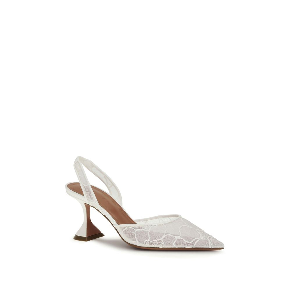 Amina Muaddi White Fabric Mid Heel Pumps | Regal Royce