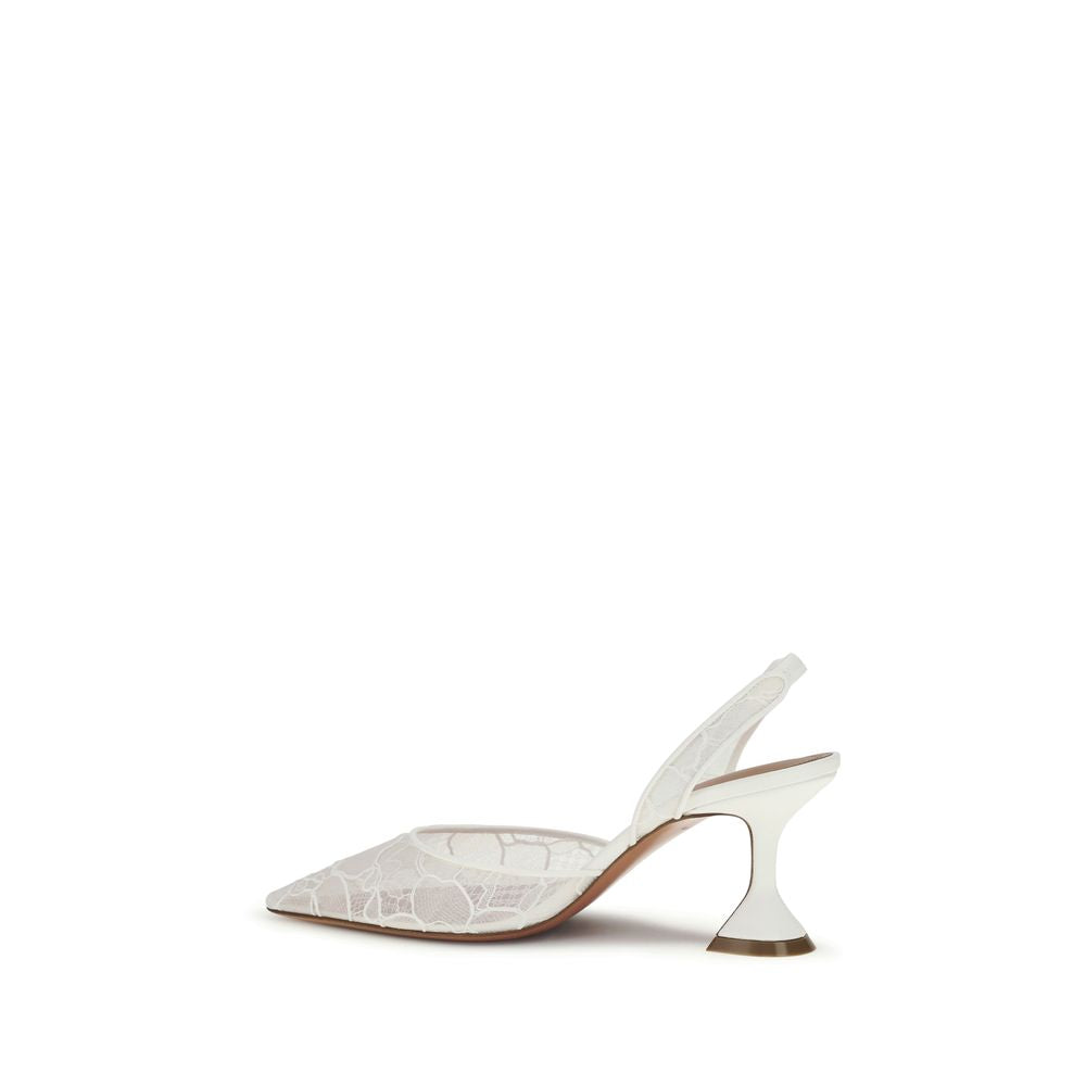 Amina Muaddi White Fabric Mid Heel Pumps | Regal Royce