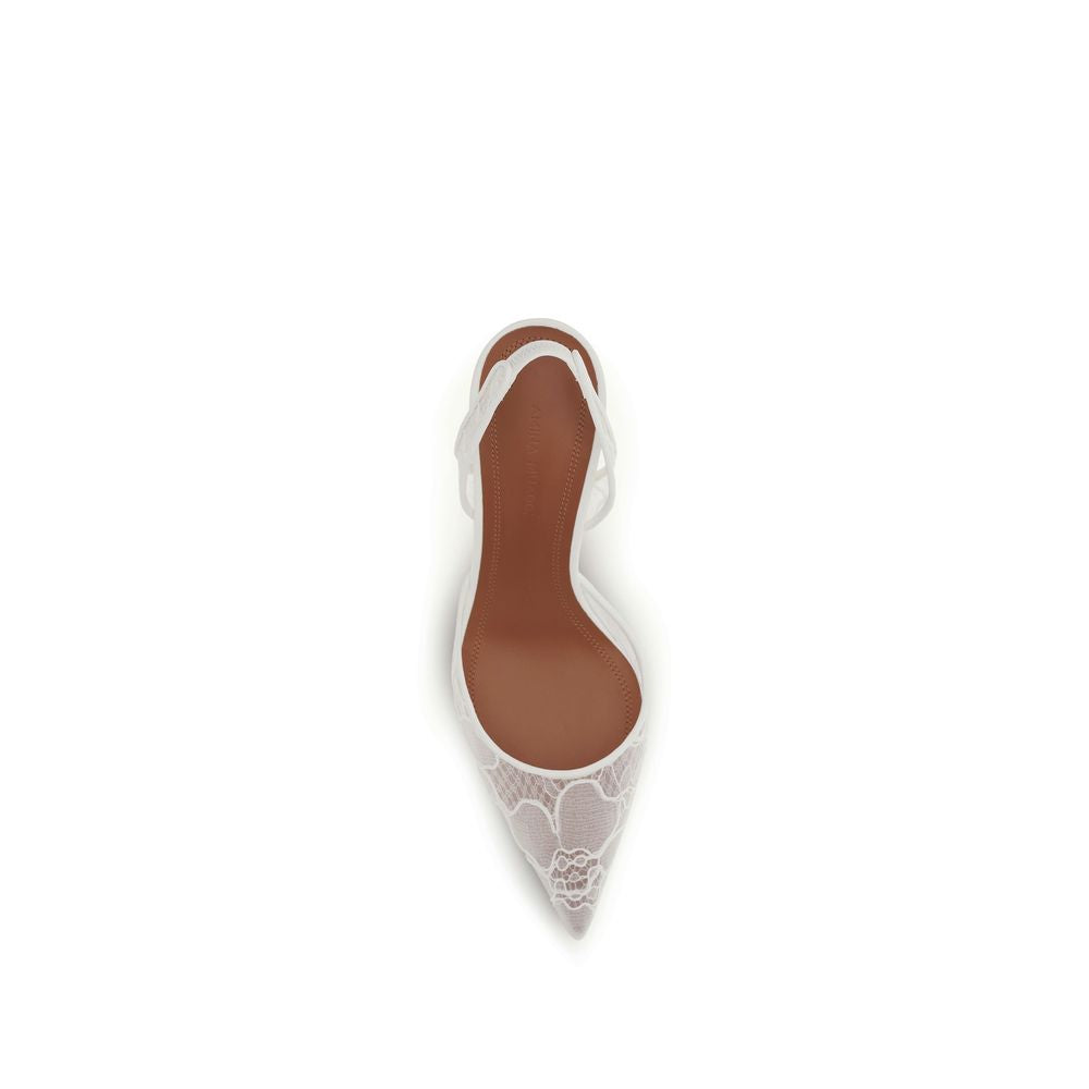 Amina Muaddi White Fabric Mid Heel Pumps | Regal Royce