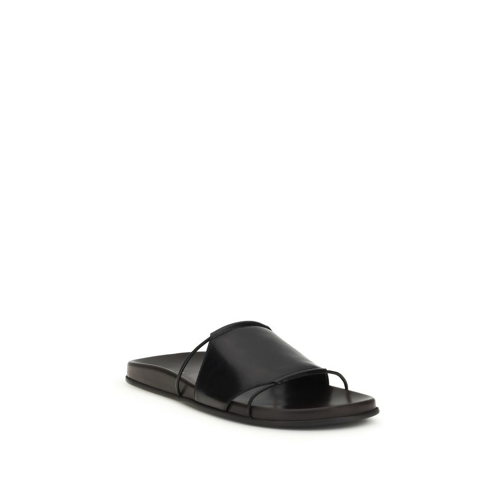 The Row Black Calf Leather Bos Taurus Flat Sandals | Regal Royce