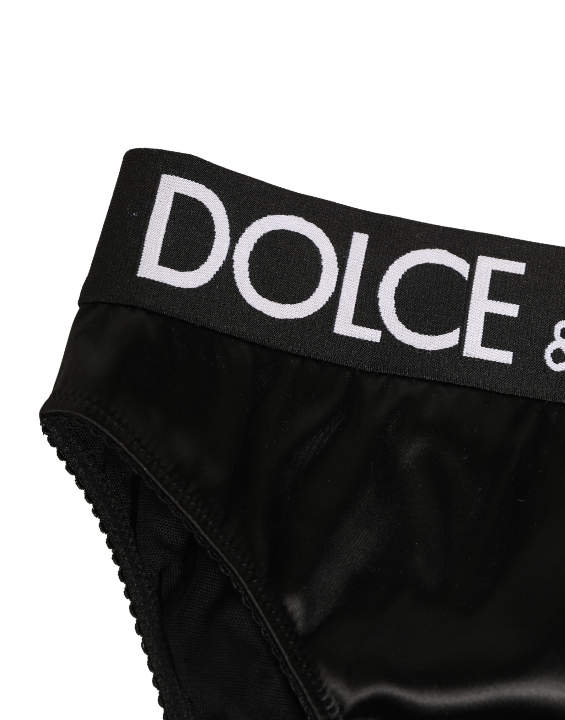 Dolce & Gabbana Black Satin High-Waist Brief Logo Women Underwear | Regal Royce