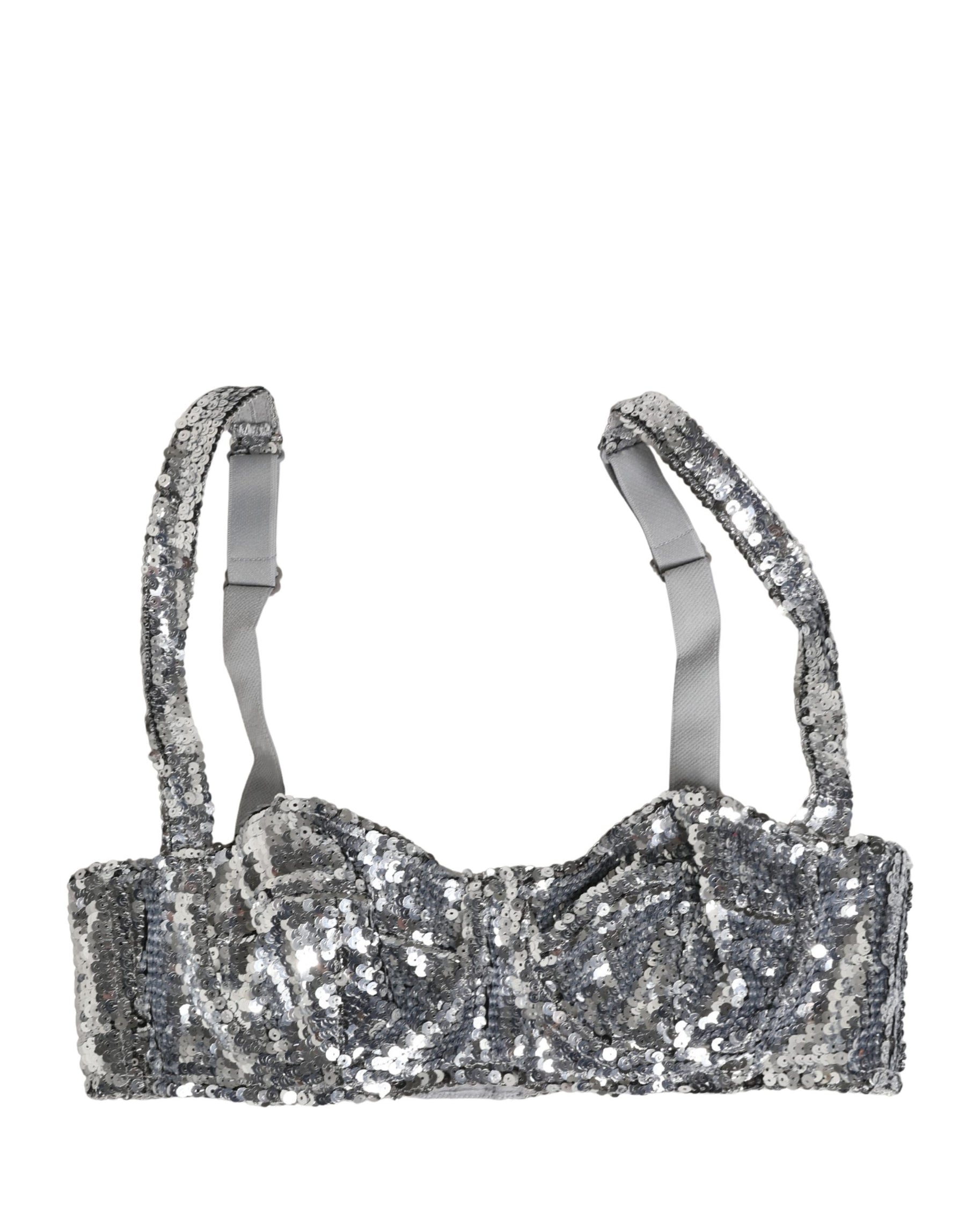 Dolce & Gabbana Silver Sequined Nyon Balconnet Bra Underwear | Regal Royce