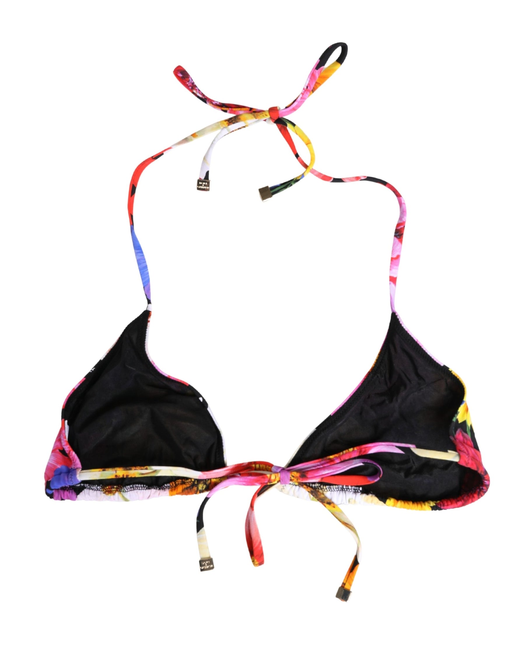 Dolce & Gabbana Black Floral Print Nylon Halter Bikini Top Swimwear | Regal Royce