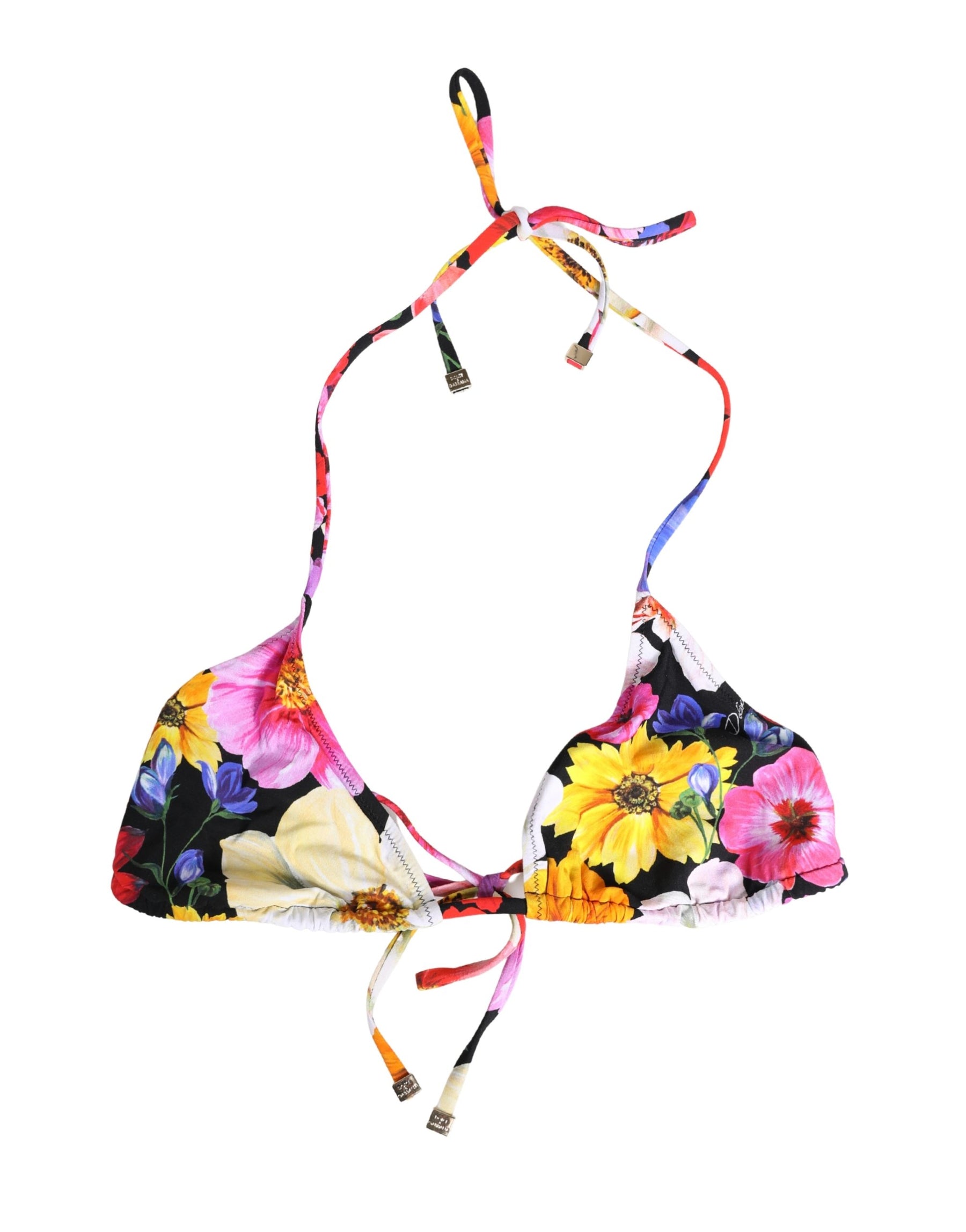 Dolce & Gabbana Black Floral Print Nylon Halter Bikini Top Swimwear | Regal Royce