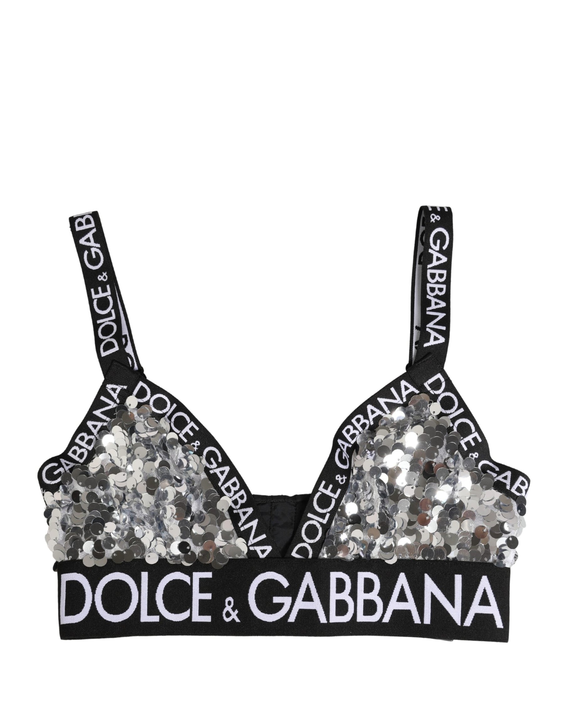 Dolce & Gabbana Silver Sequined Triangle Soft Cup Bra Underwear | Regal Royce