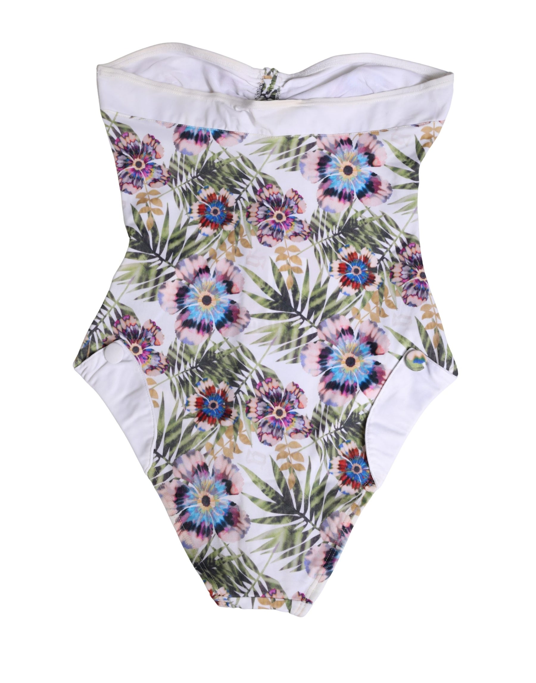 John Galliano White Floral Print Strapless One-Piece Swimsuit Swimwear | Regal Royce