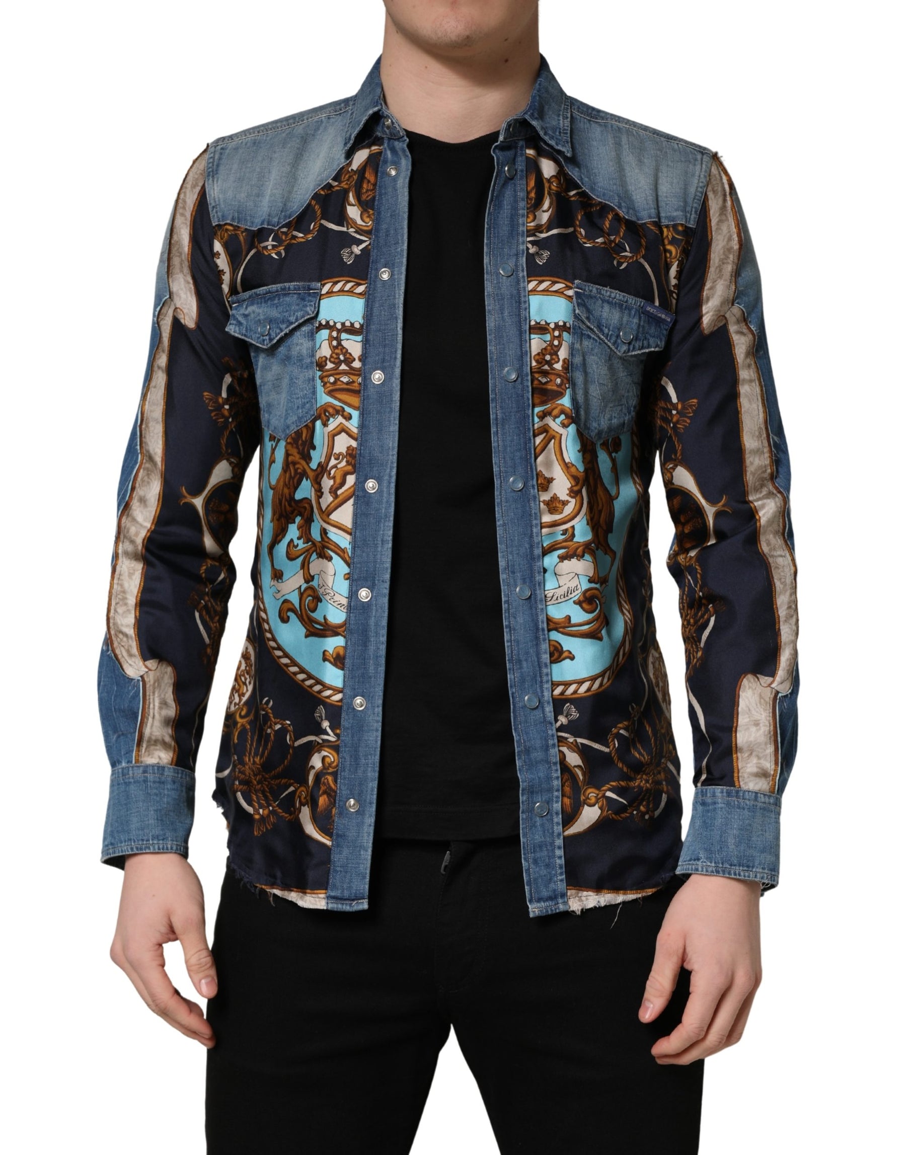 Dolce & Gabbana Blue Baroque Cotton Button Down Denim Shirt | Regal Royce