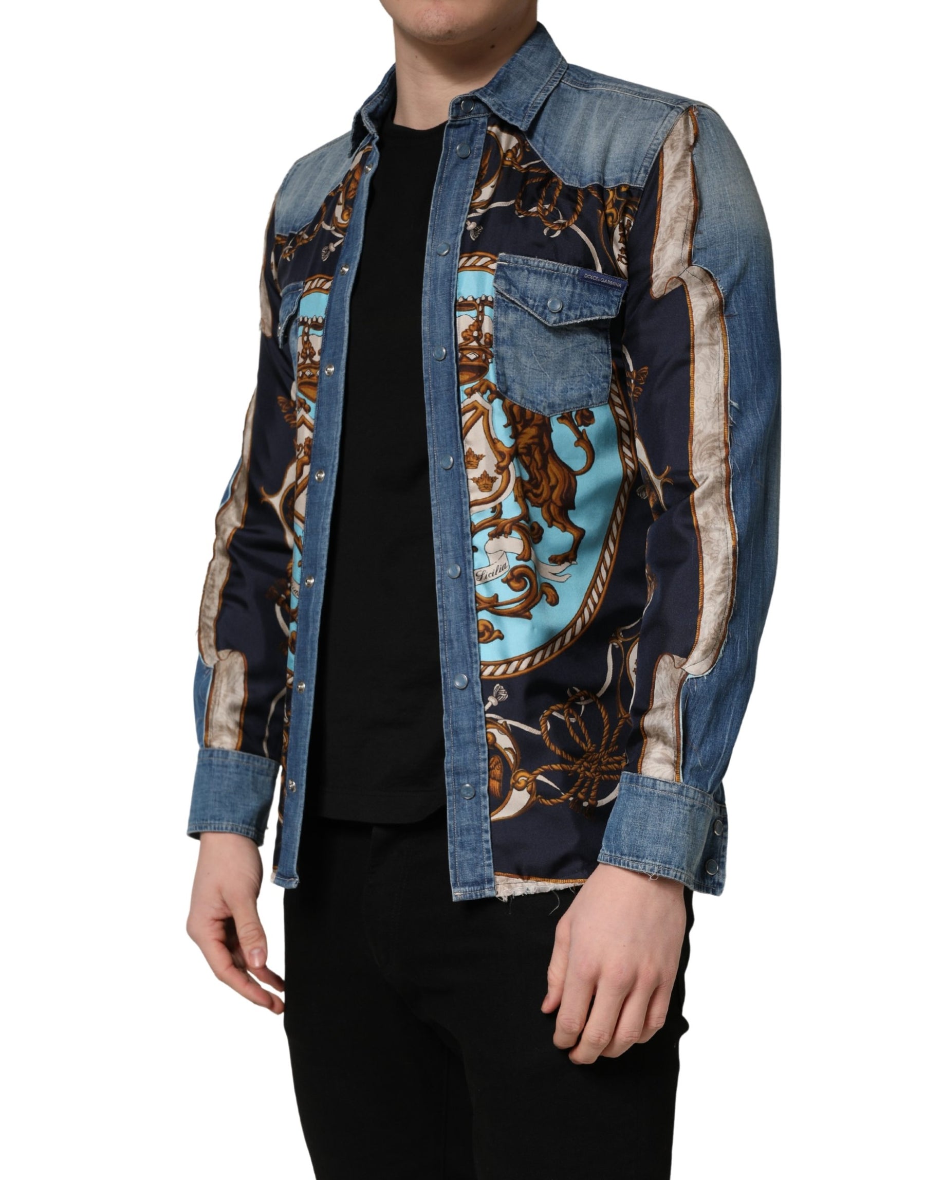 Dolce & Gabbana Blue Baroque Cotton Button Down Denim Shirt | Regal Royce