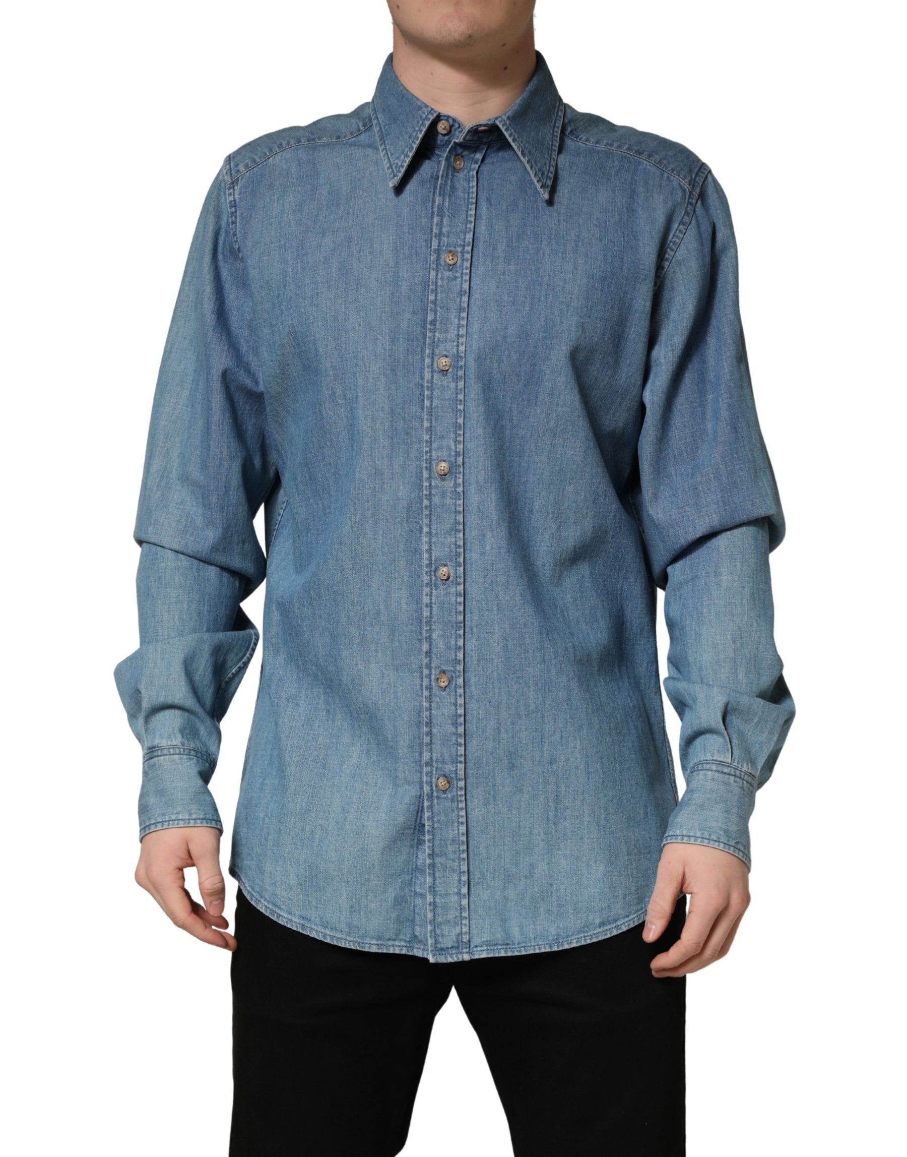 Dolce & Gabbana Blue Cotton Stretch Casual Denim Slim Shirt | Regal Royce