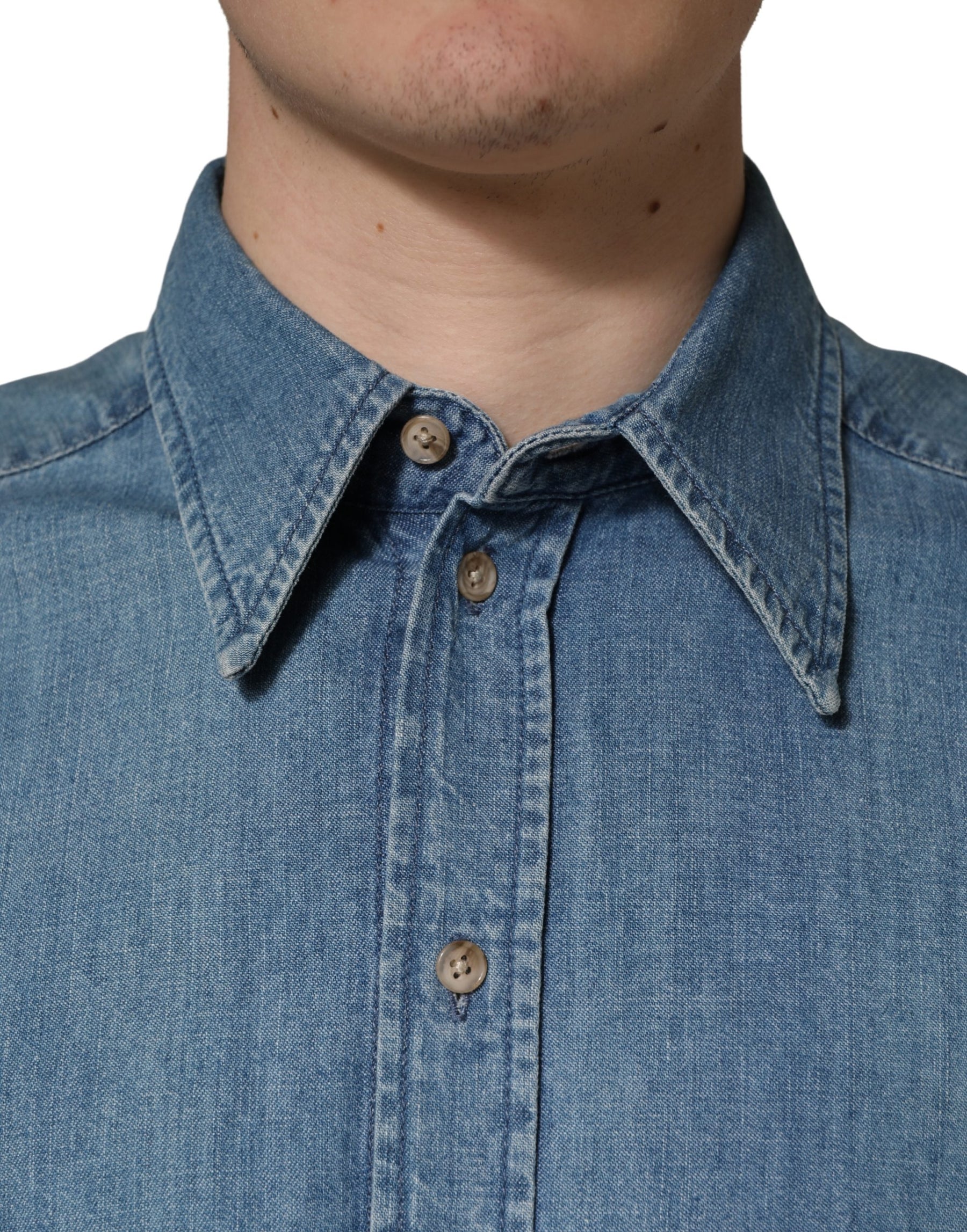 Dolce & Gabbana Blue Cotton Stretch Casual Denim Slim Shirt | Regal Royce