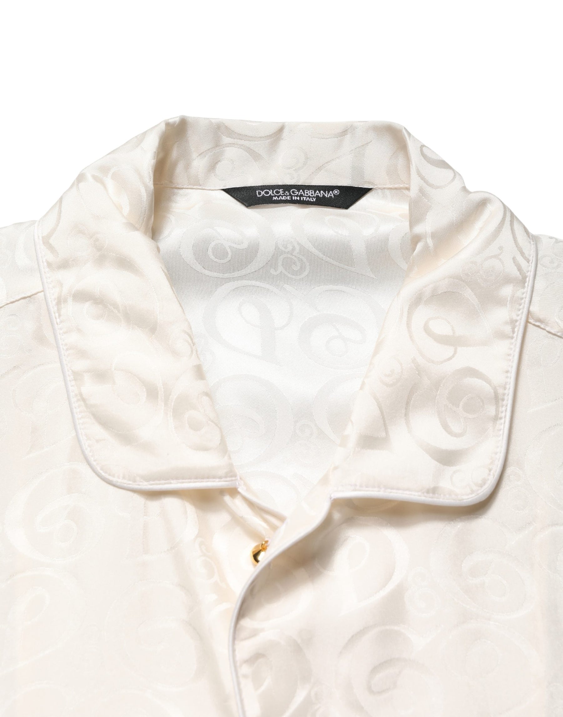 Dolce & Gabbana White Silk Long Sleeve Tonal Logo Print Shirt | Regal Royce