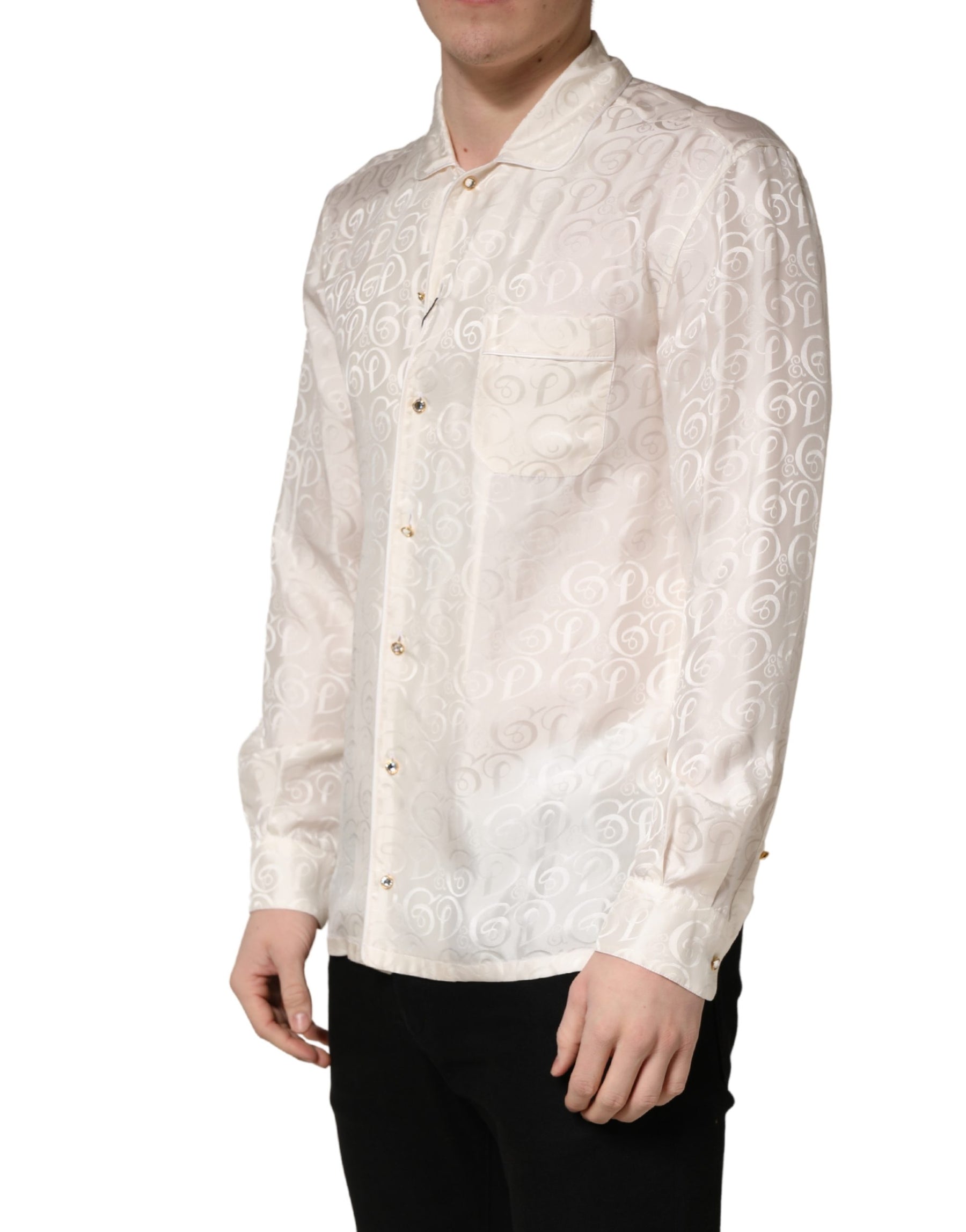 Dolce & Gabbana White Silk Long Sleeve Tonal Logo Print Shirt | Regal Royce