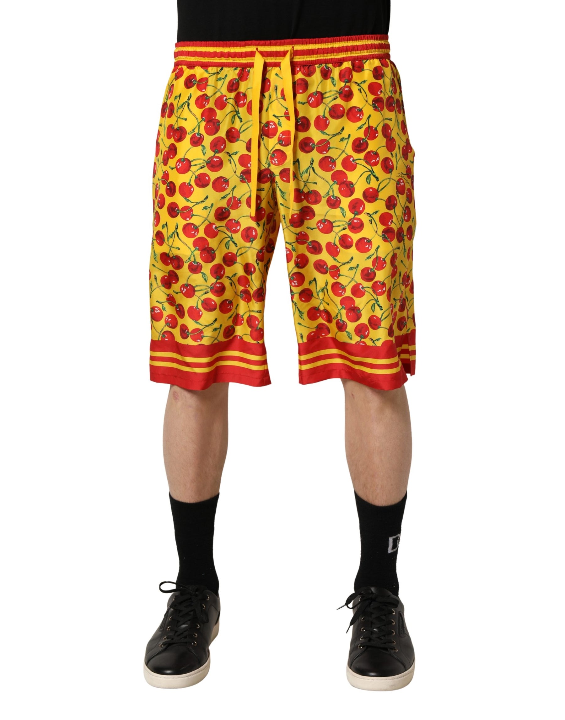 Dolce & Gabbana Yellow Red Cherry Print Silk Bermuda Shorts | Regal Royce