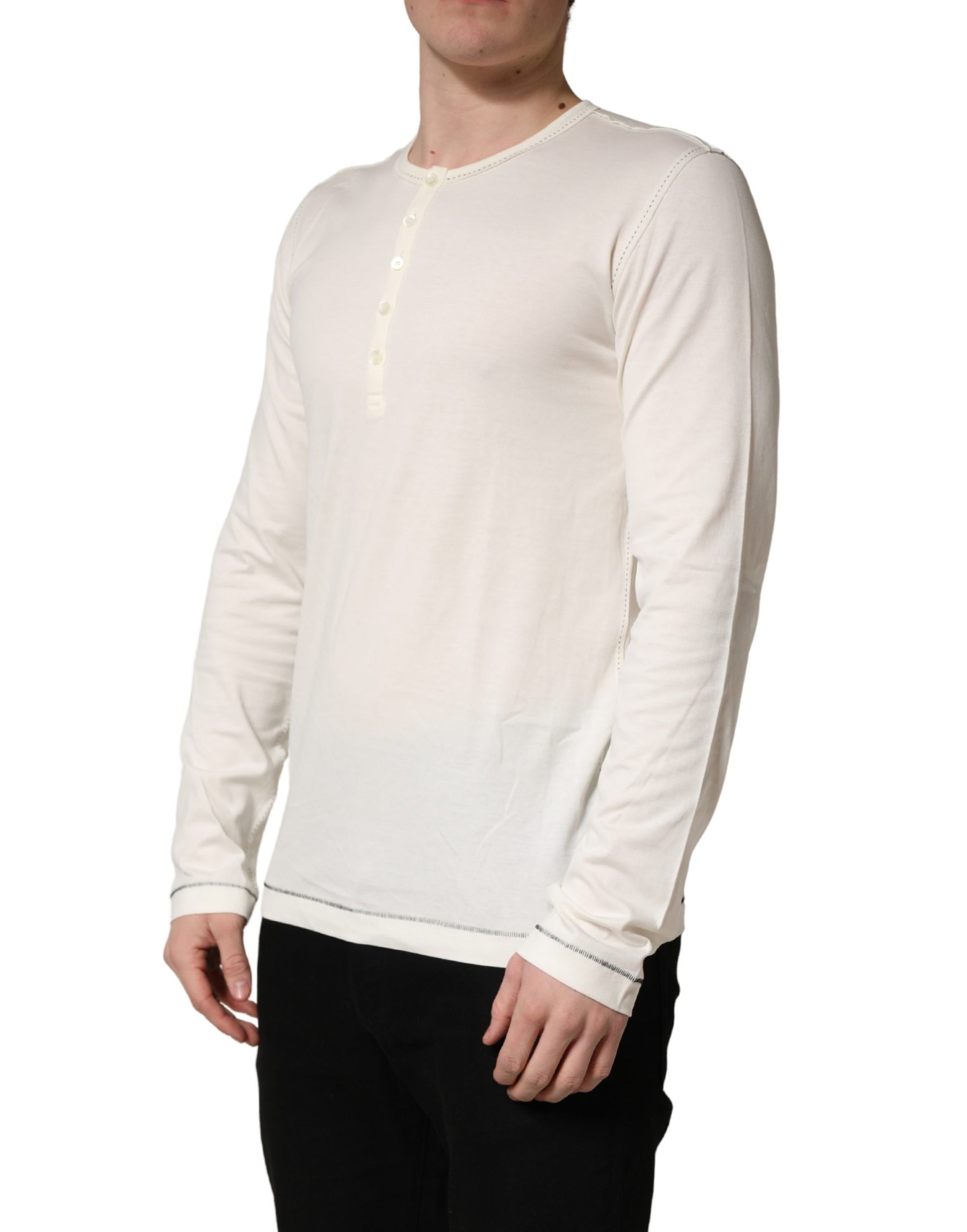 Dolce & Gabbana White Long Sleeves Henley Pullover Sweater | Regal Royce