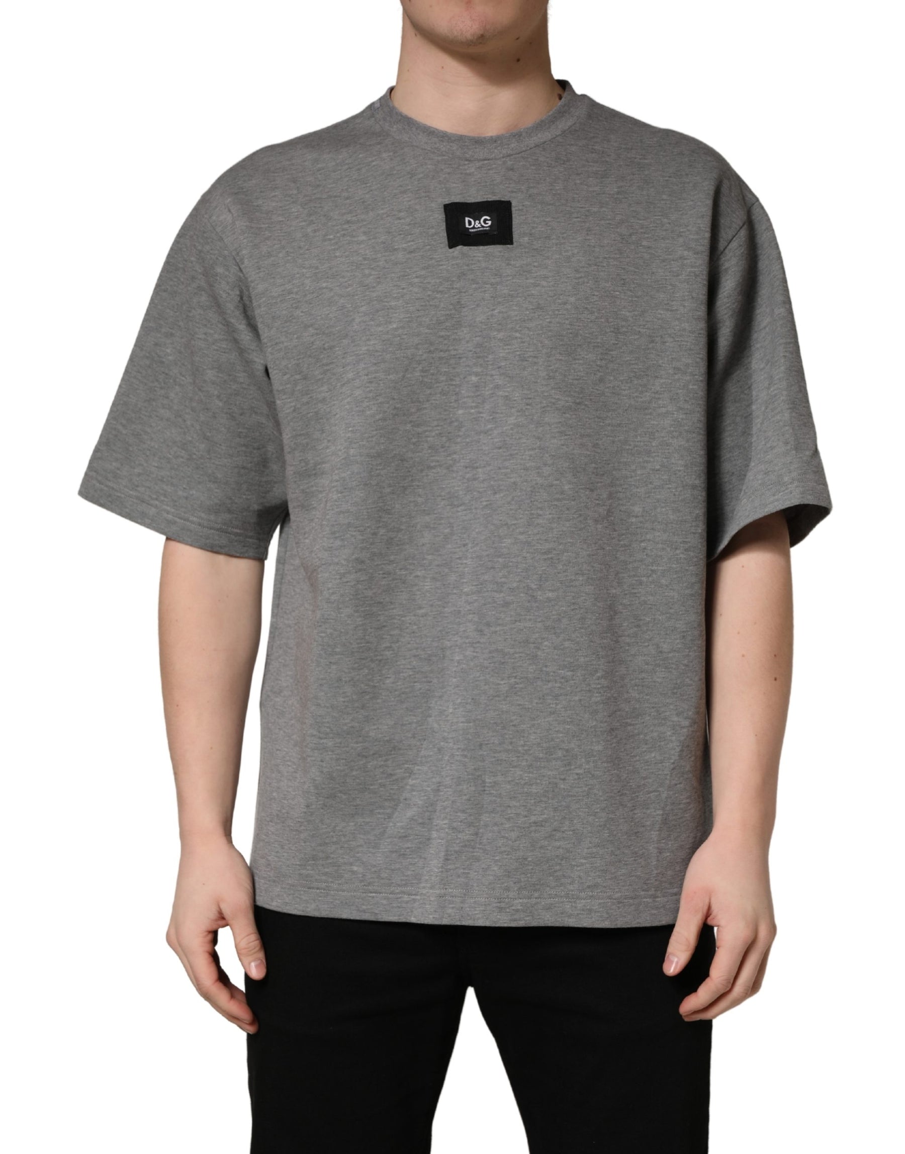 Dolce & Gabbana Gray Cotton Logo Appliqué CrewNeck T-shirt | Regal Royce
