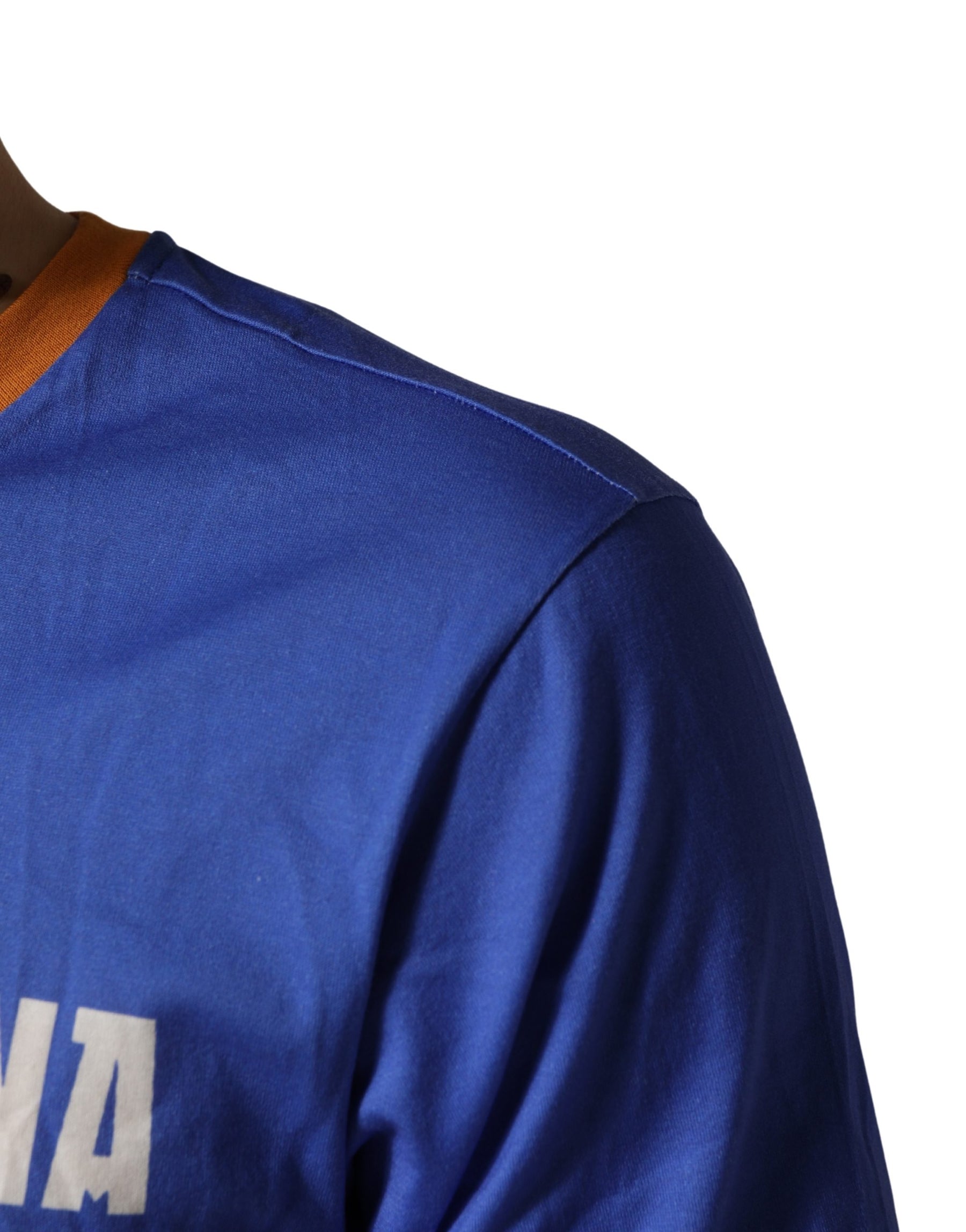 Dolce & Gabbana Blue Pasta Graphic Print Cotton Men Crewneck T-shirt | Regal Royce