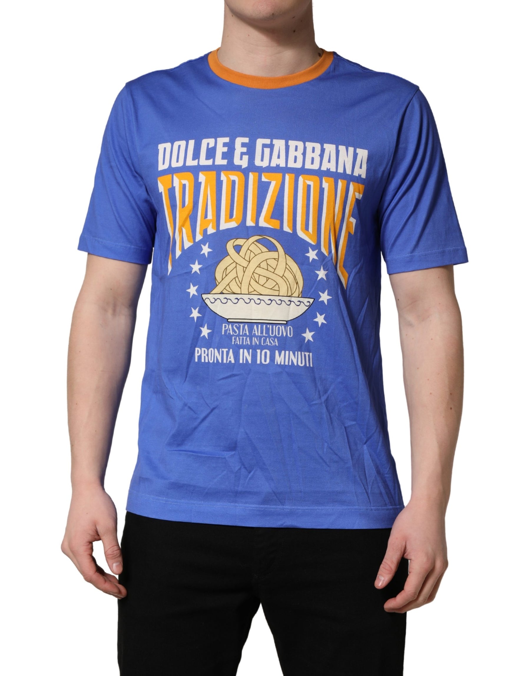 Dolce & Gabbana Blue Pasta Graphic Print Cotton Men Crewneck T-shirt | Regal Royce