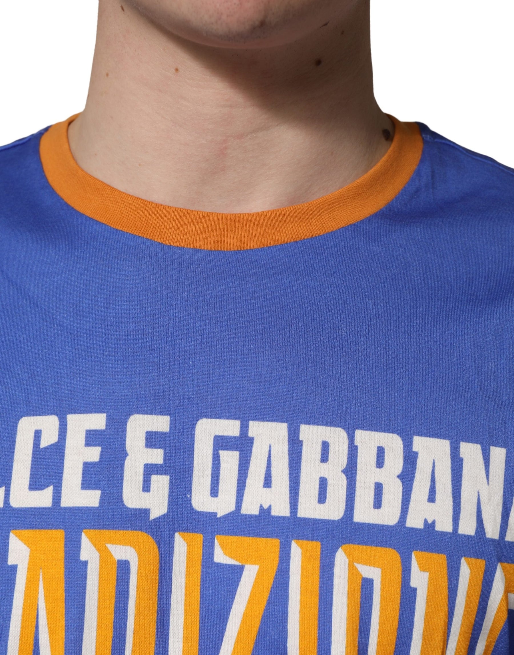 Dolce & Gabbana Blue Pasta Graphic Print Cotton Men Crewneck T-shirt | Regal Royce