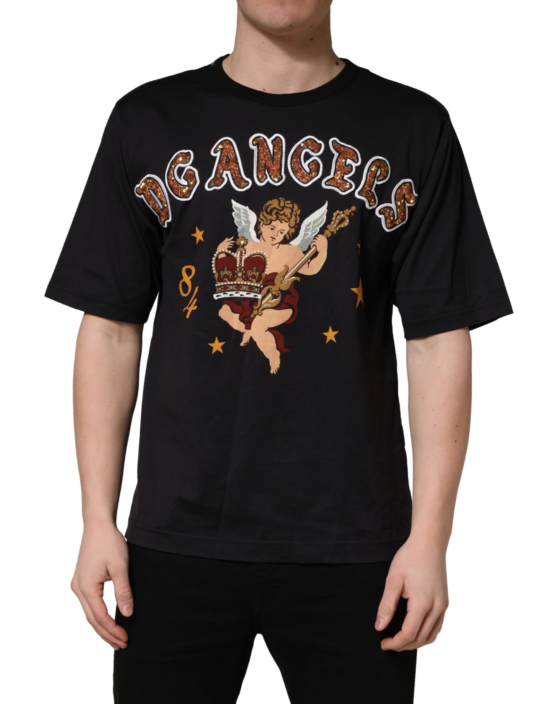 Dolce & Gabbana Black Angel Print Cotton Crew Neck T-shirt | Regal Royce