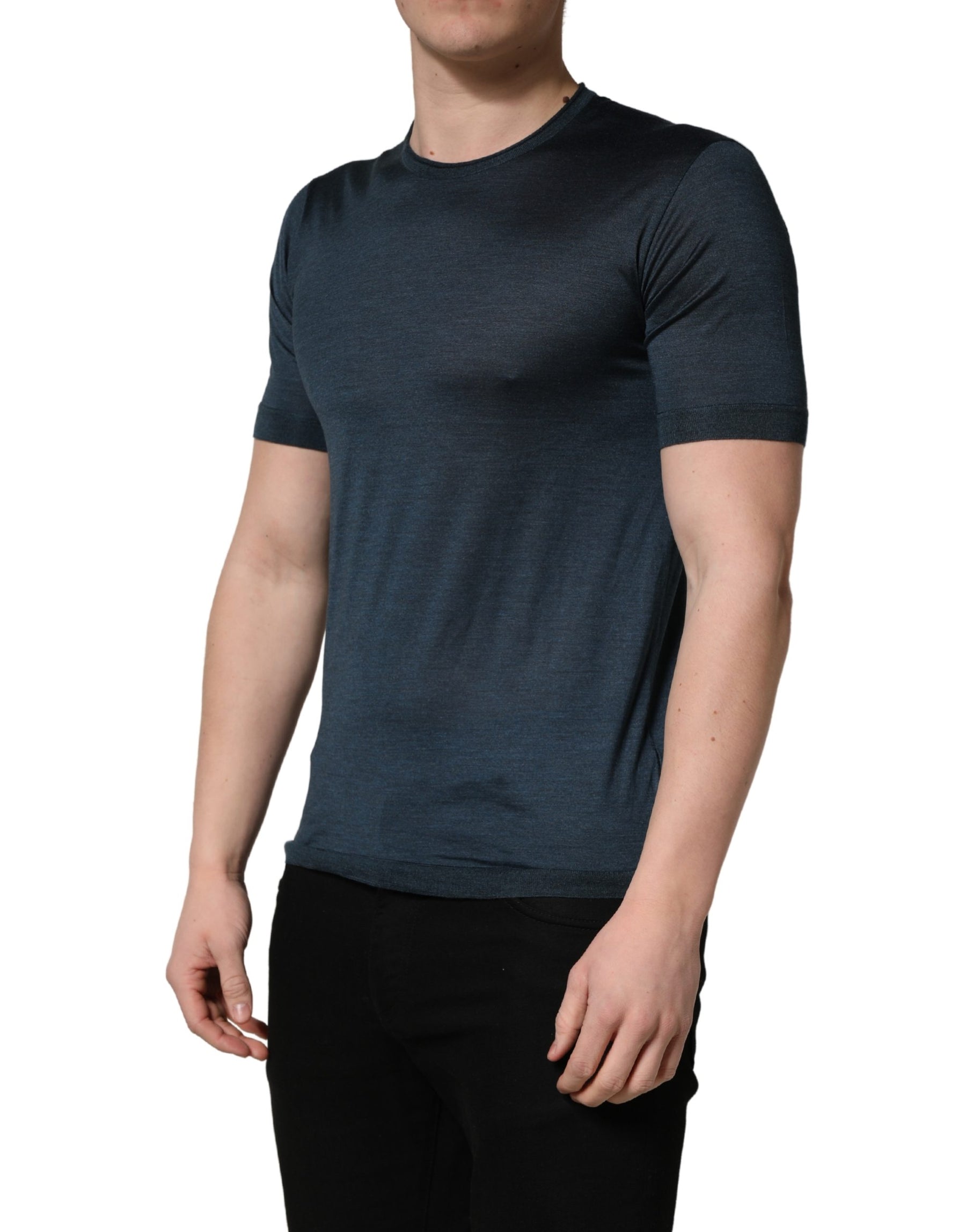 Dolce & Gabbana Dark Blue Silk Crew Neck Short Sleeve T-shirt | Regal Royce