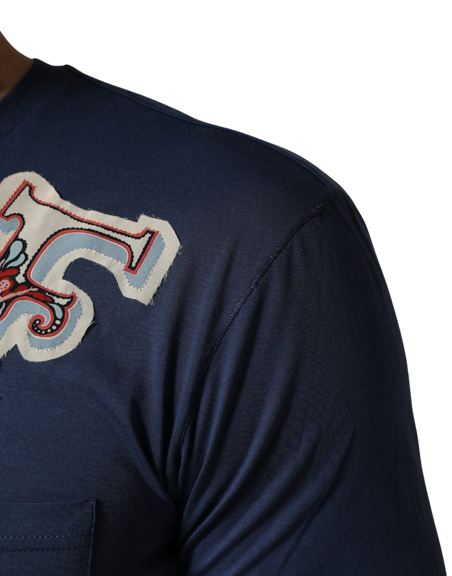 Dolce & Gabbana Navy Blue Cotton Graphic Crew Neck T-shirt | Regal Royce