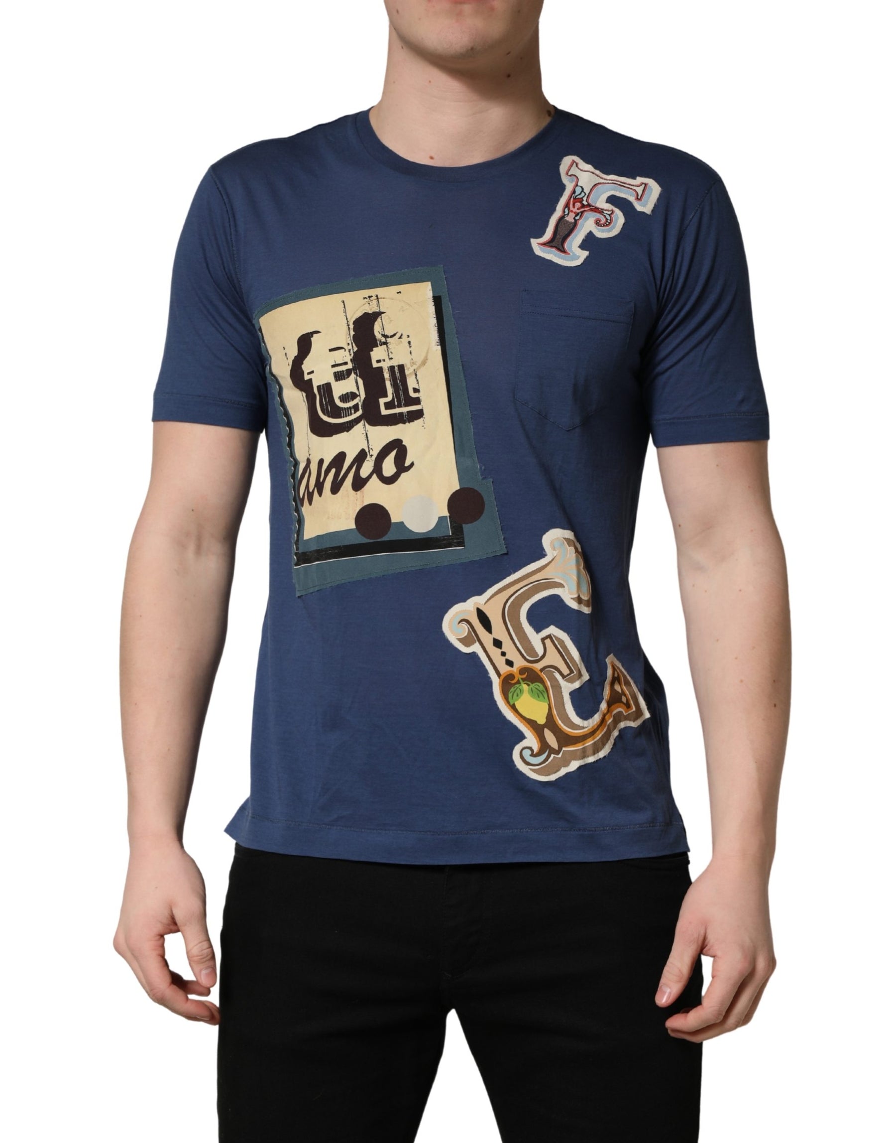 Dolce & Gabbana Navy Blue Cotton Graphic Crew Neck T-shirt | Regal Royce