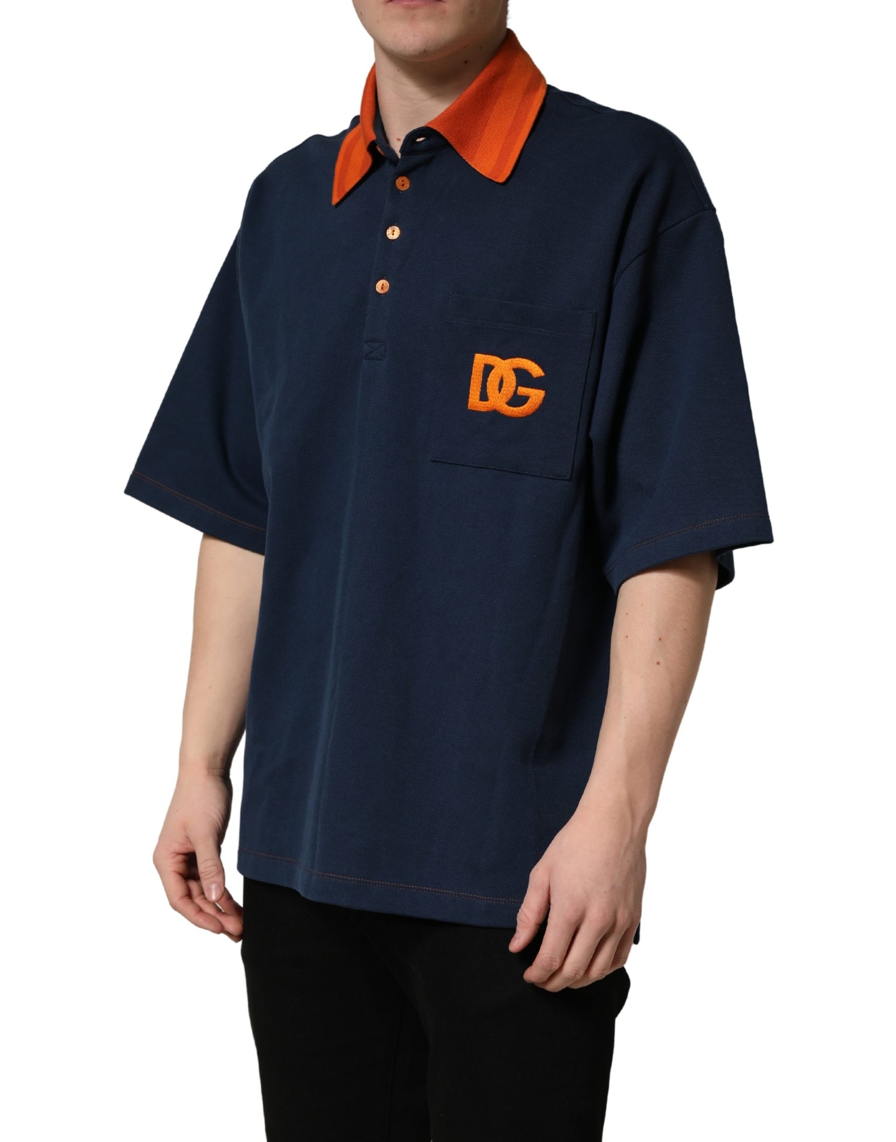 Dolce & Gabbana Navy Blue Cotton Logo Short Sleeves Men Polo T-shirt | Regal Royce