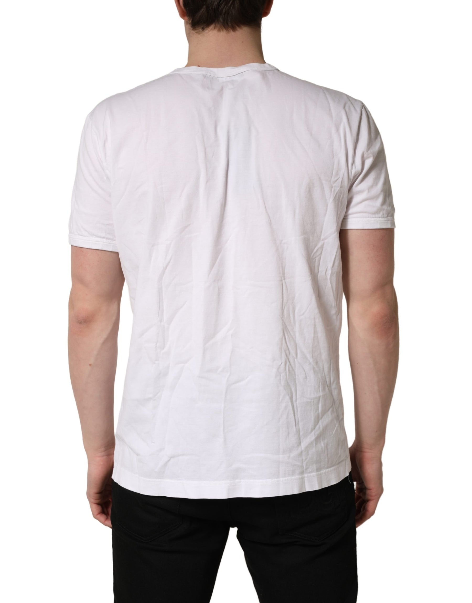 Dolce & Gabbana White Cotton DG Crown Embossed Men T-shirt | Regal Royce