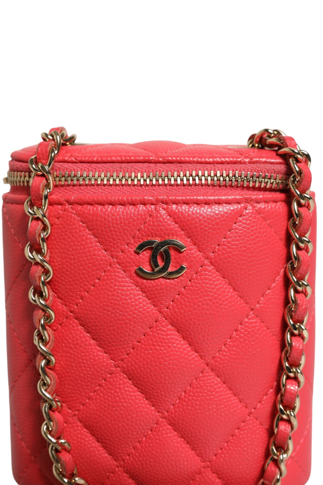 Chanel Red Caviar Quilted Small Vertical Coco Beauty Vanity Case with Chain | Regal Royce