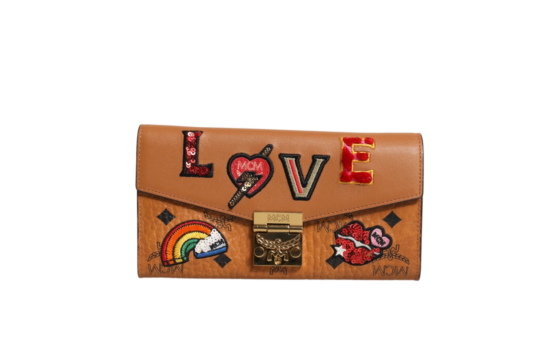 MCM Cognac Brown Coated Canvas Visetos Patricia Love Patch Wallet-on-chain | Regal Royce