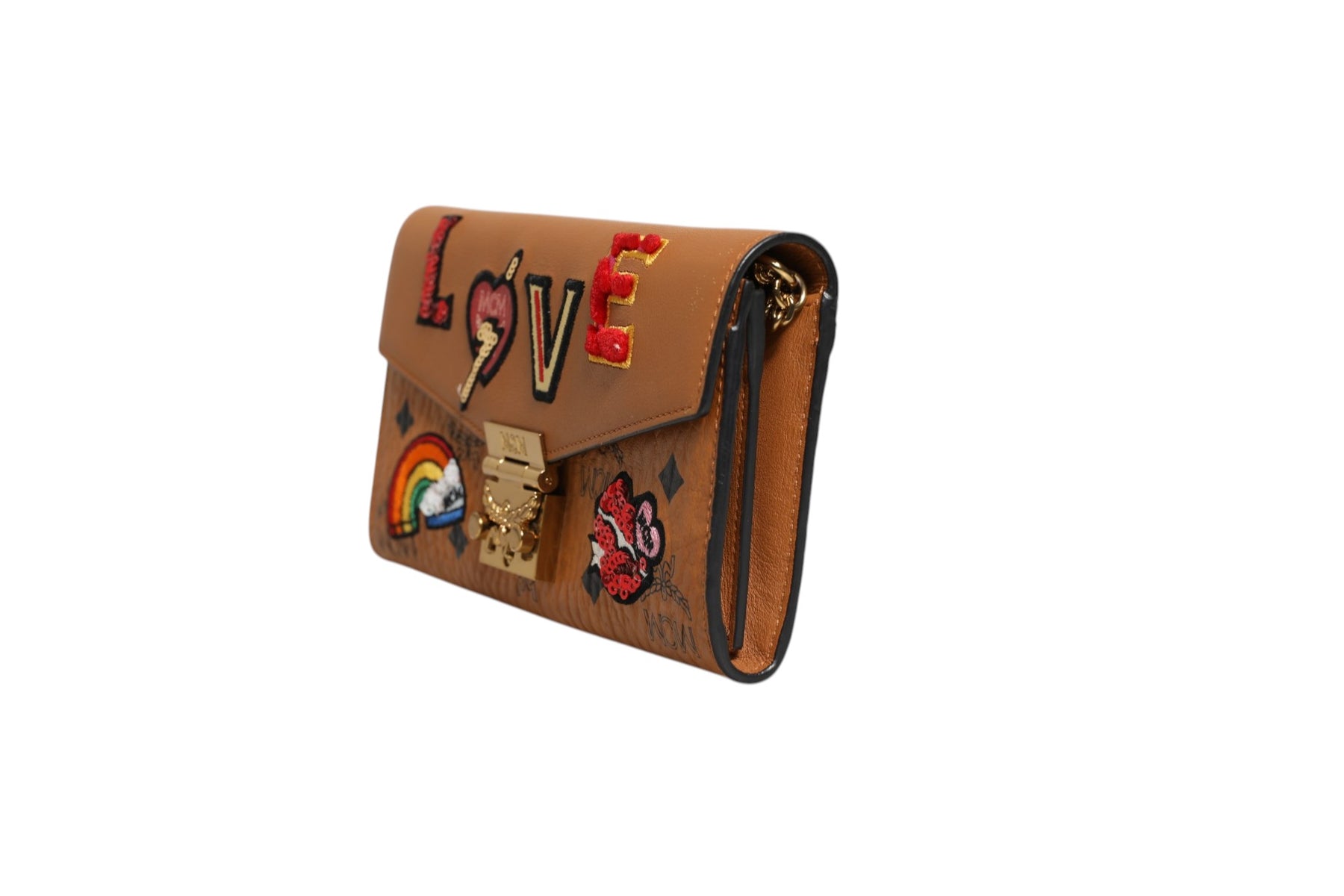 MCM Cognac Brown Coated Canvas Visetos Patricia Love Patch Wallet-on-chain | Regal Royce