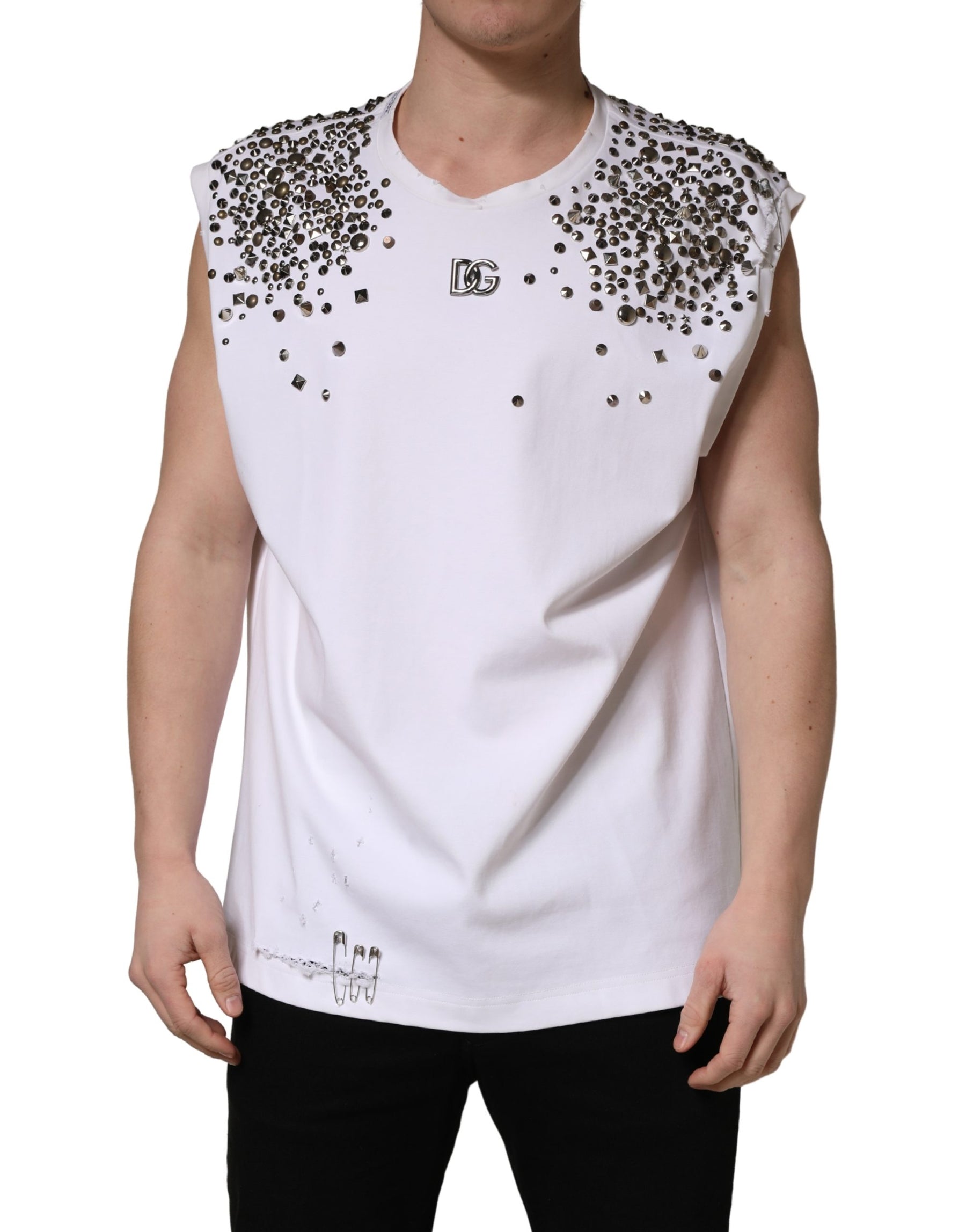Dolce & Gabbana White Rhinestones Sleeveless Round Neck T-shirt | Regal Royce