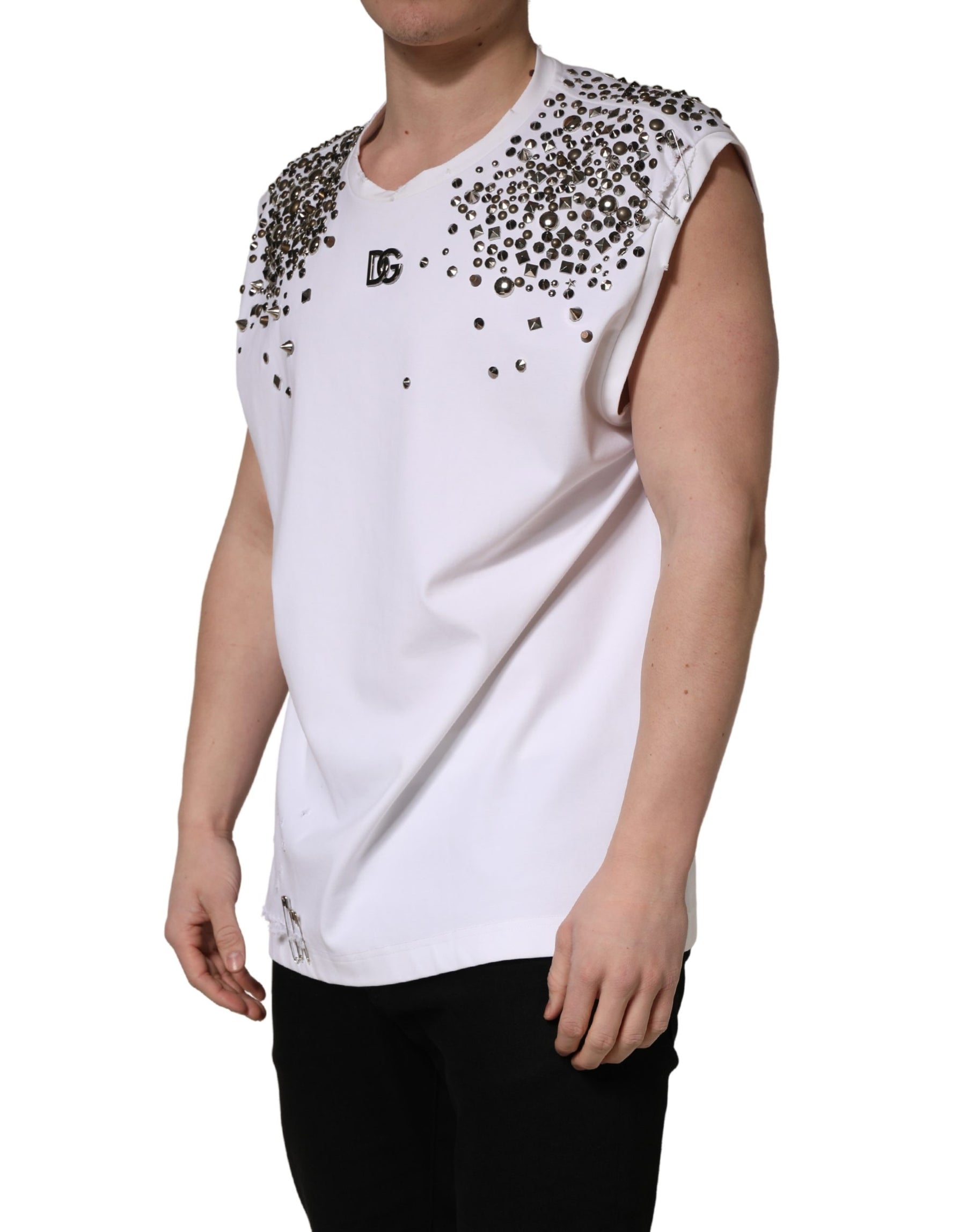 Dolce & Gabbana White Rhinestones Sleeveless Round Neck T-shirt | Regal Royce