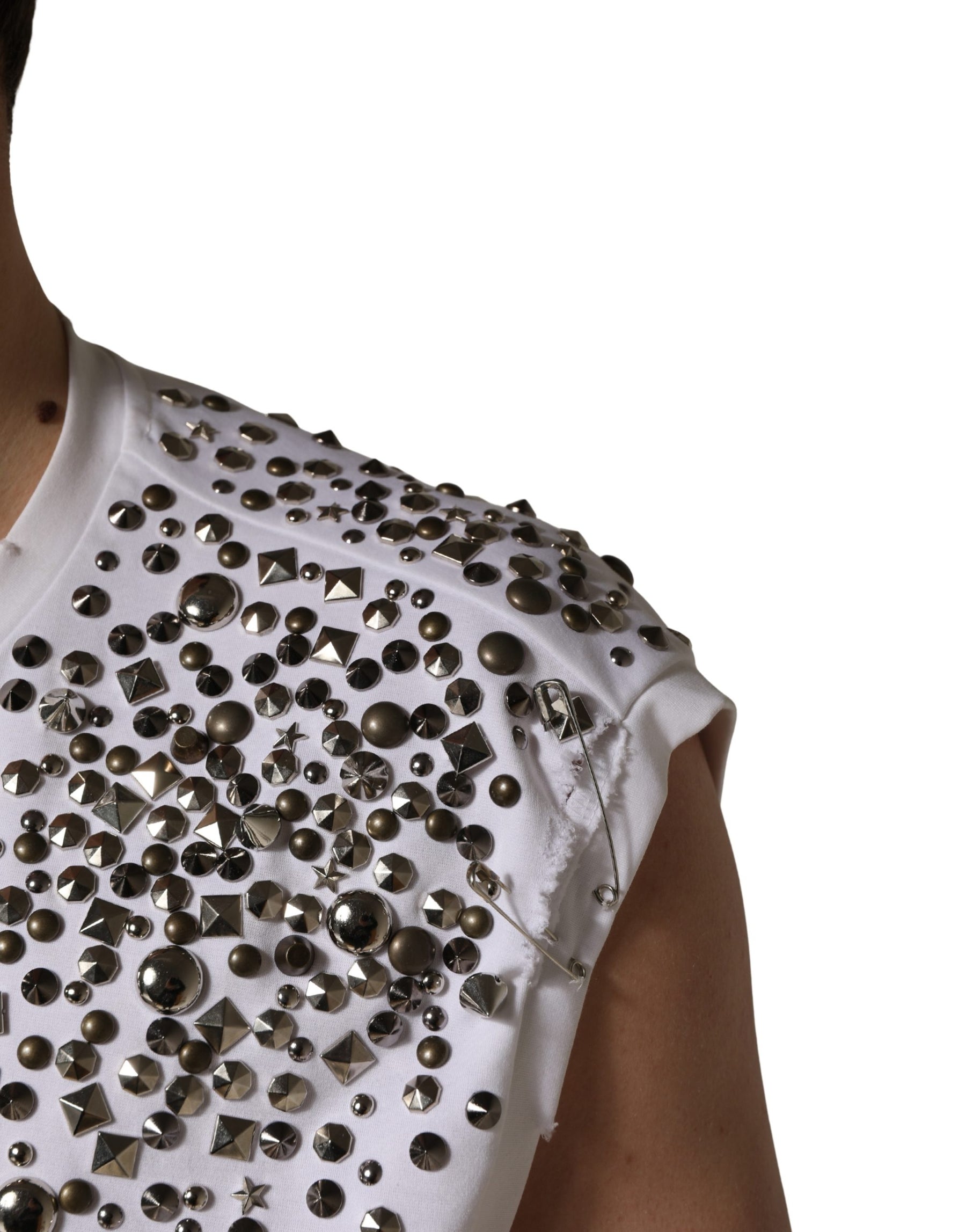 Dolce & Gabbana White Rhinestones Sleeveless Round Neck T-shirt | Regal Royce