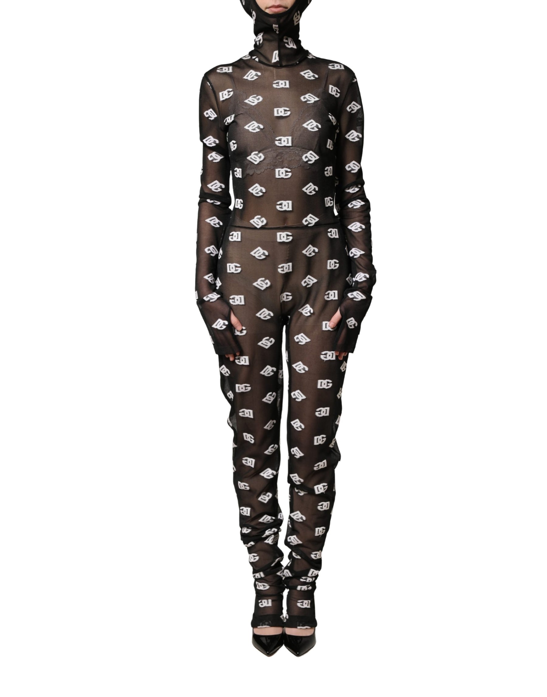 Dolce & Gabbana Black White Logo Print Hooded Jumpsuit Dress | Regal Royce