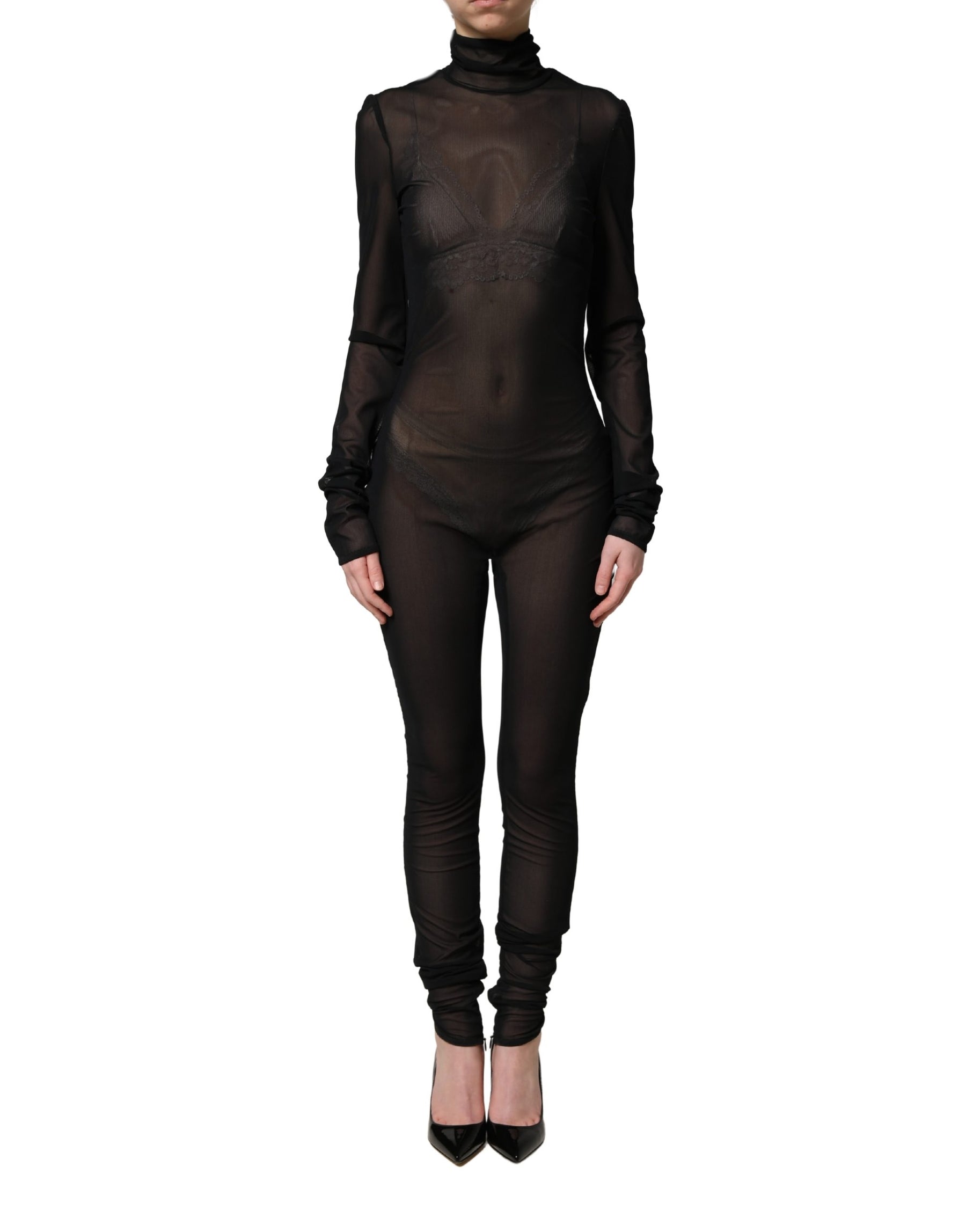 Dolce & Gabbana Black Nylon Sheer Turtleneck Jumpsuit Dress | Regal Royce