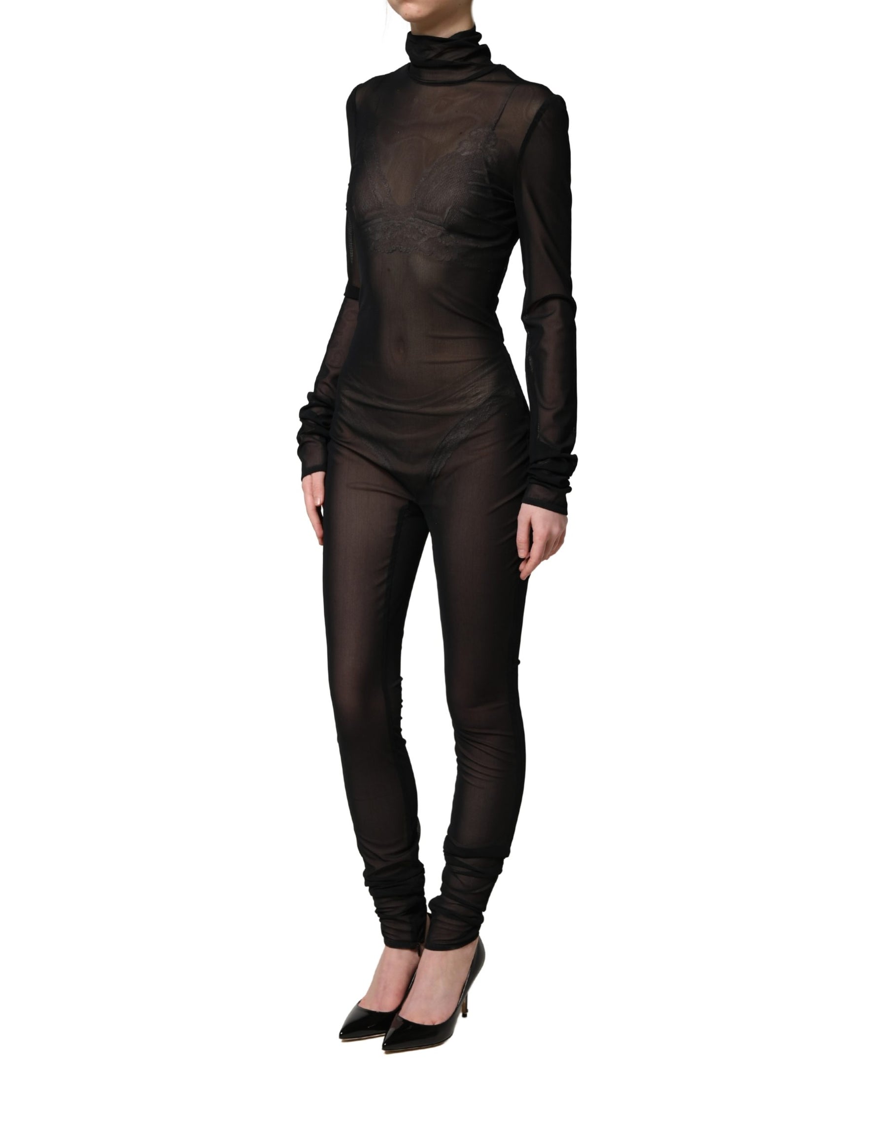 Dolce & Gabbana Black Nylon Sheer Turtleneck Jumpsuit Dress | Regal Royce