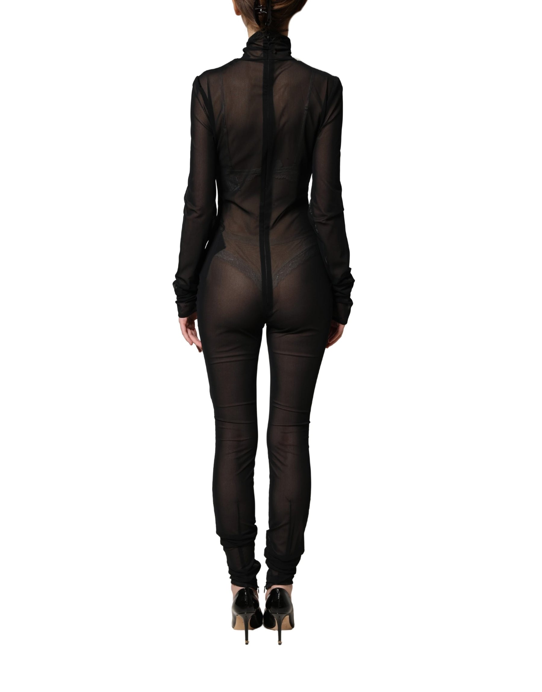 Dolce & Gabbana Black Nylon Sheer Turtleneck Jumpsuit Dress | Regal Royce