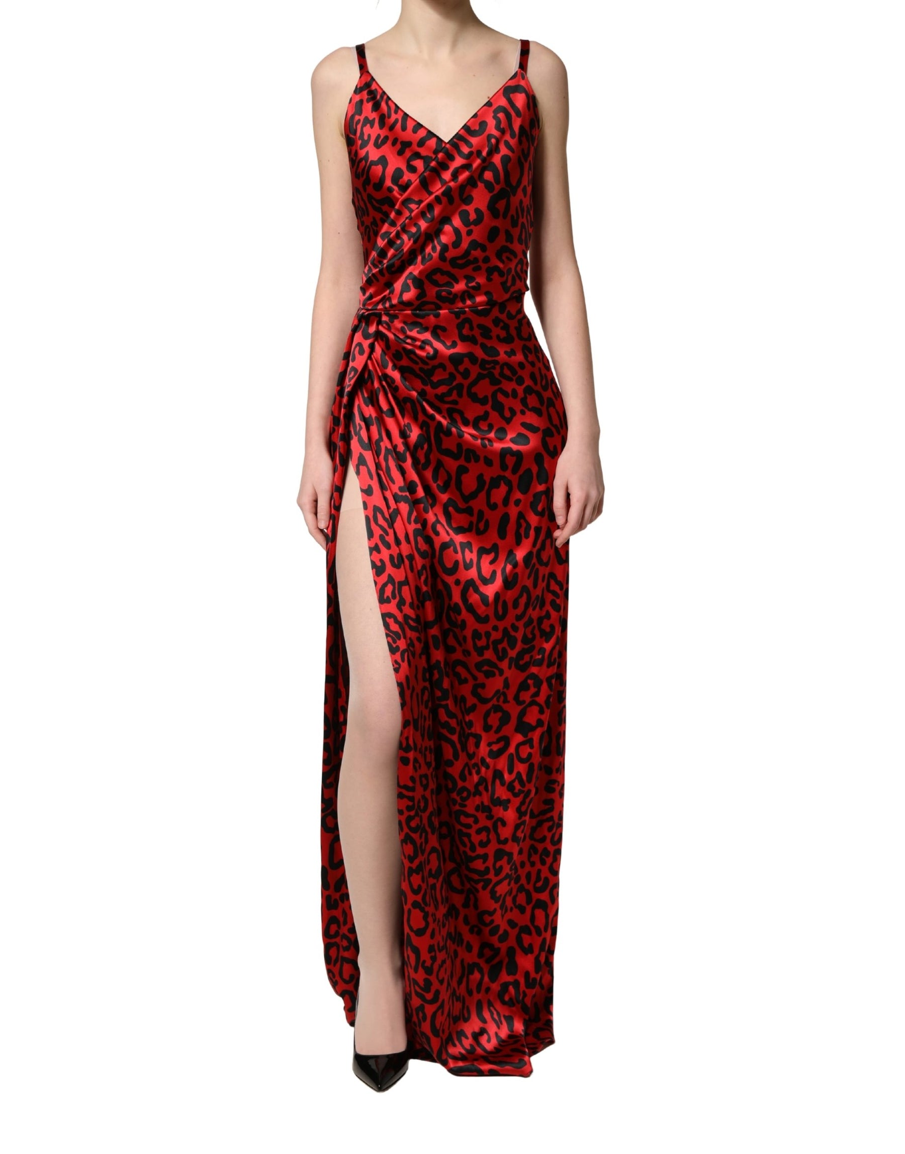 Dolce & Gabbana Red Leopard Print Silk Side Slit Maxi Dress | Regal Royce