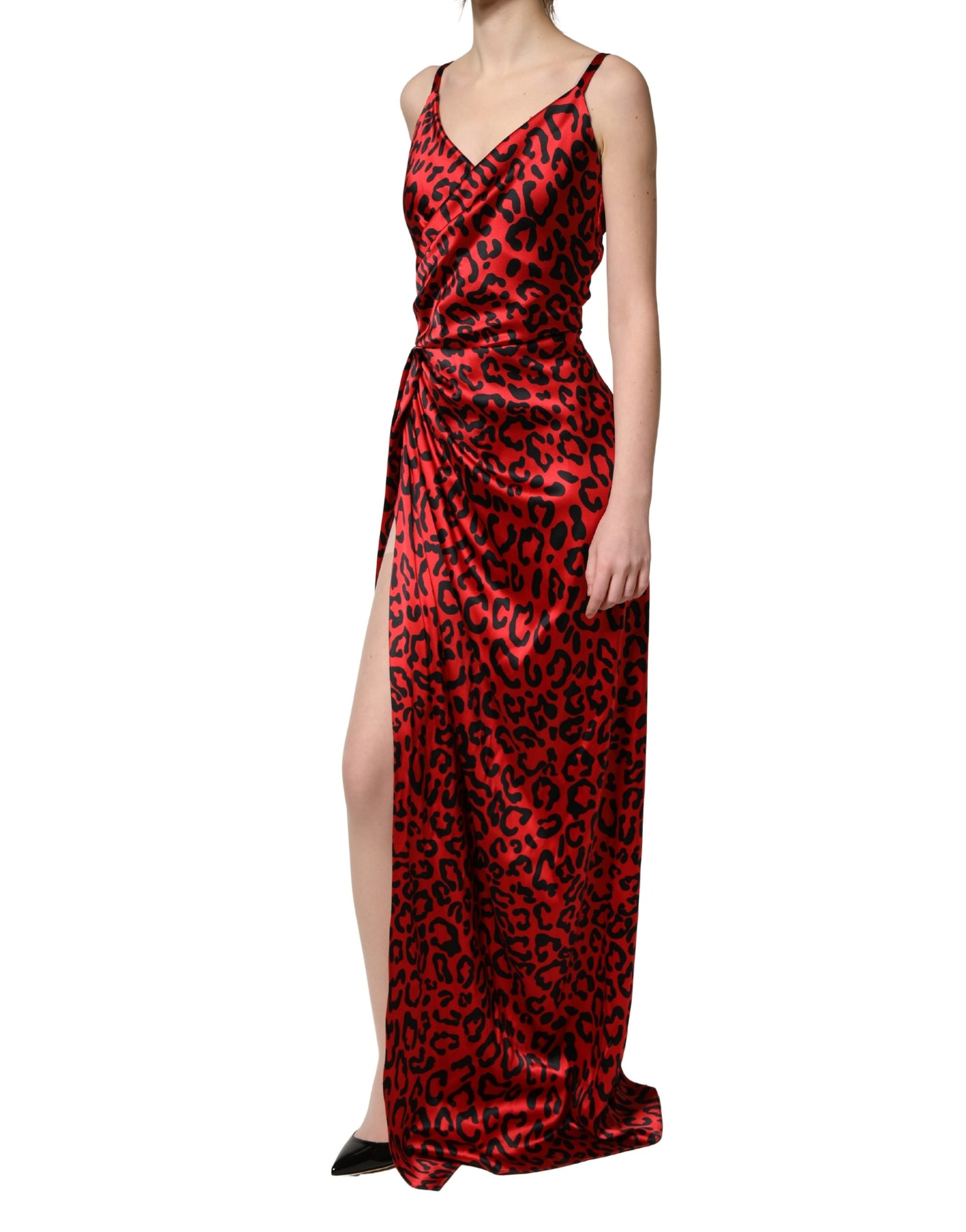 Dolce & Gabbana Red Leopard Print Silk Side Slit Maxi Dress | Regal Royce