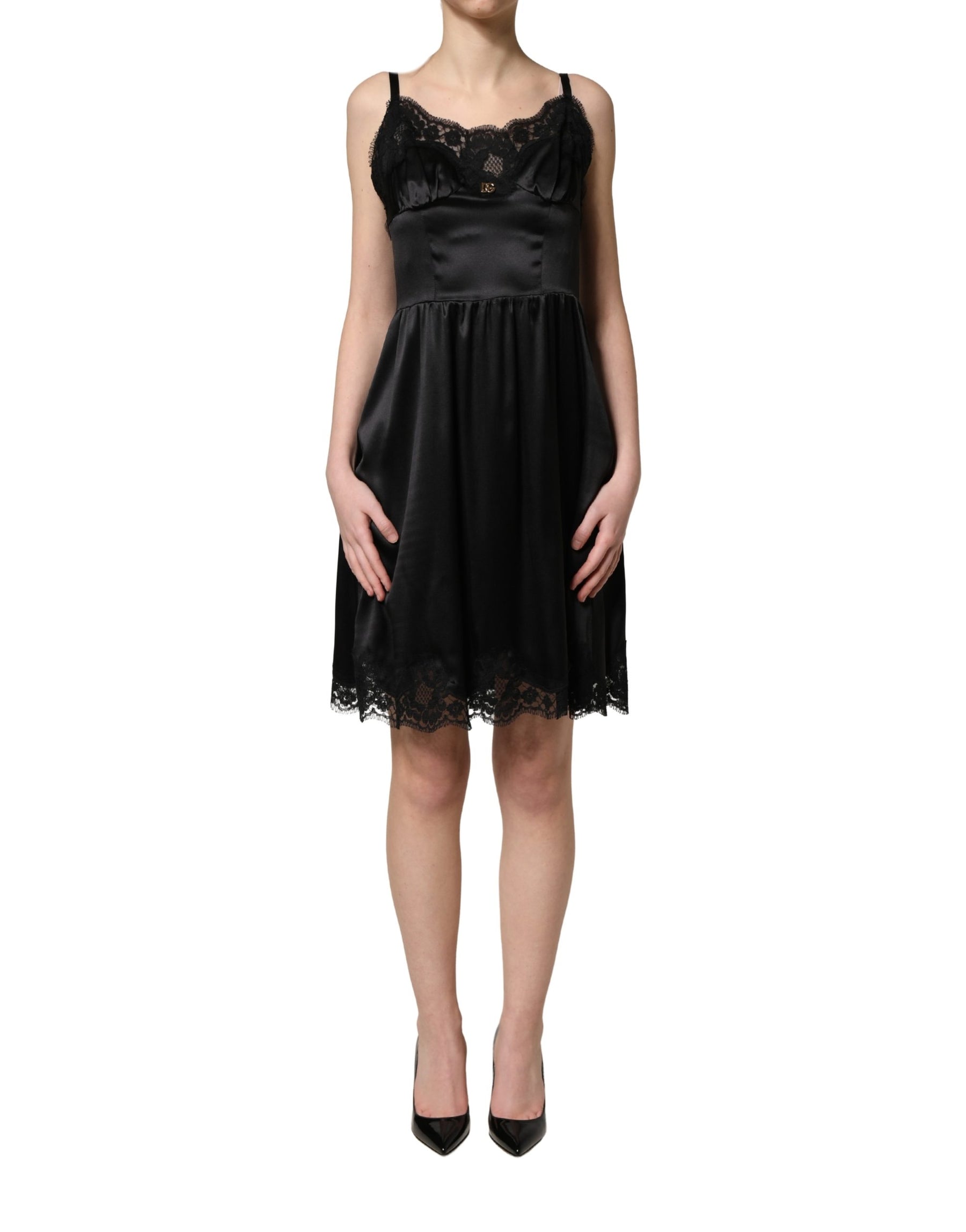 Dolce & Gabbana Black Silk Satin Lace Sleeveless Mini Dress | Regal Royce