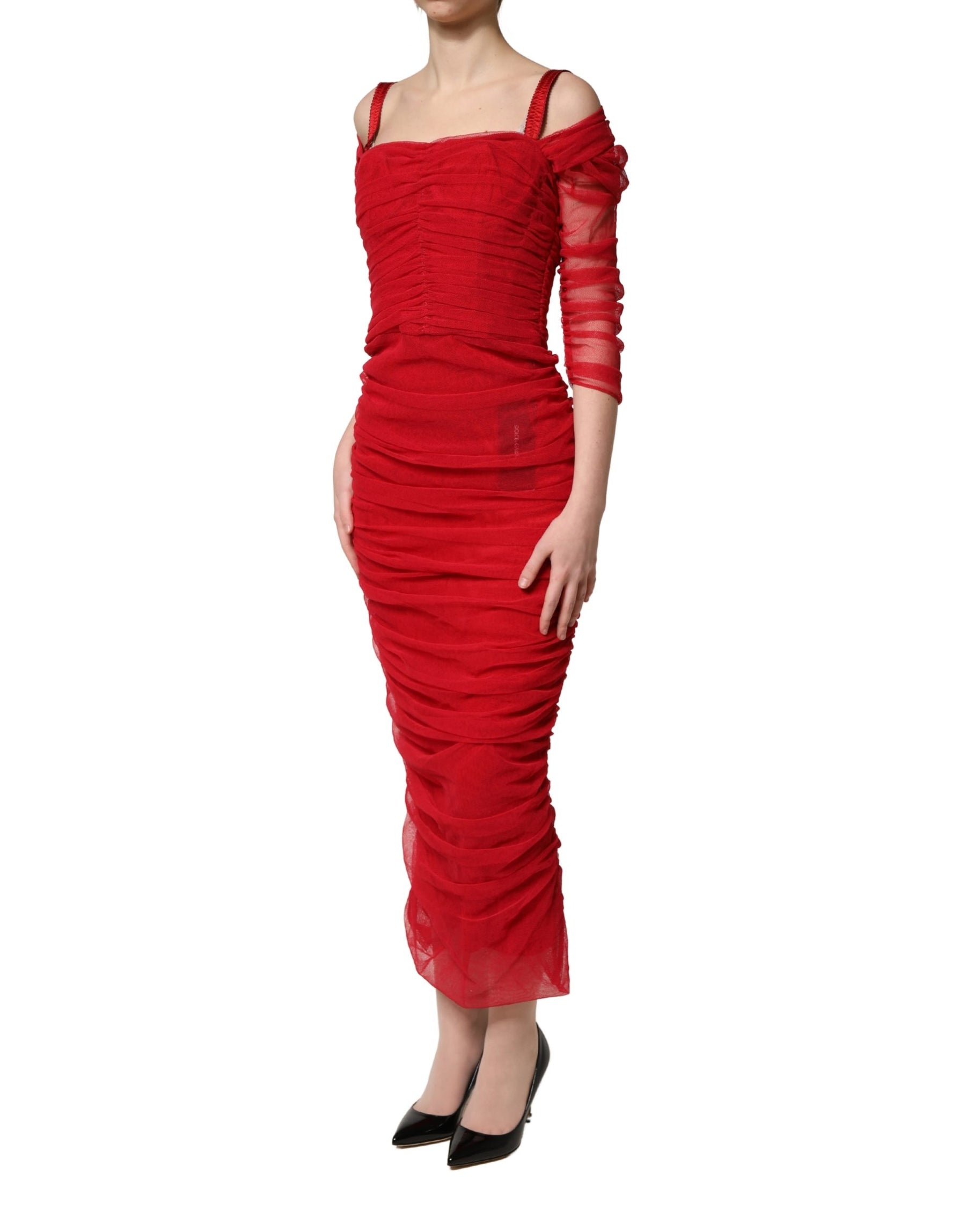 Dolce & Gabbana Red Cotton Ruched Stretch Tulle Midi Dress | Regal Royce