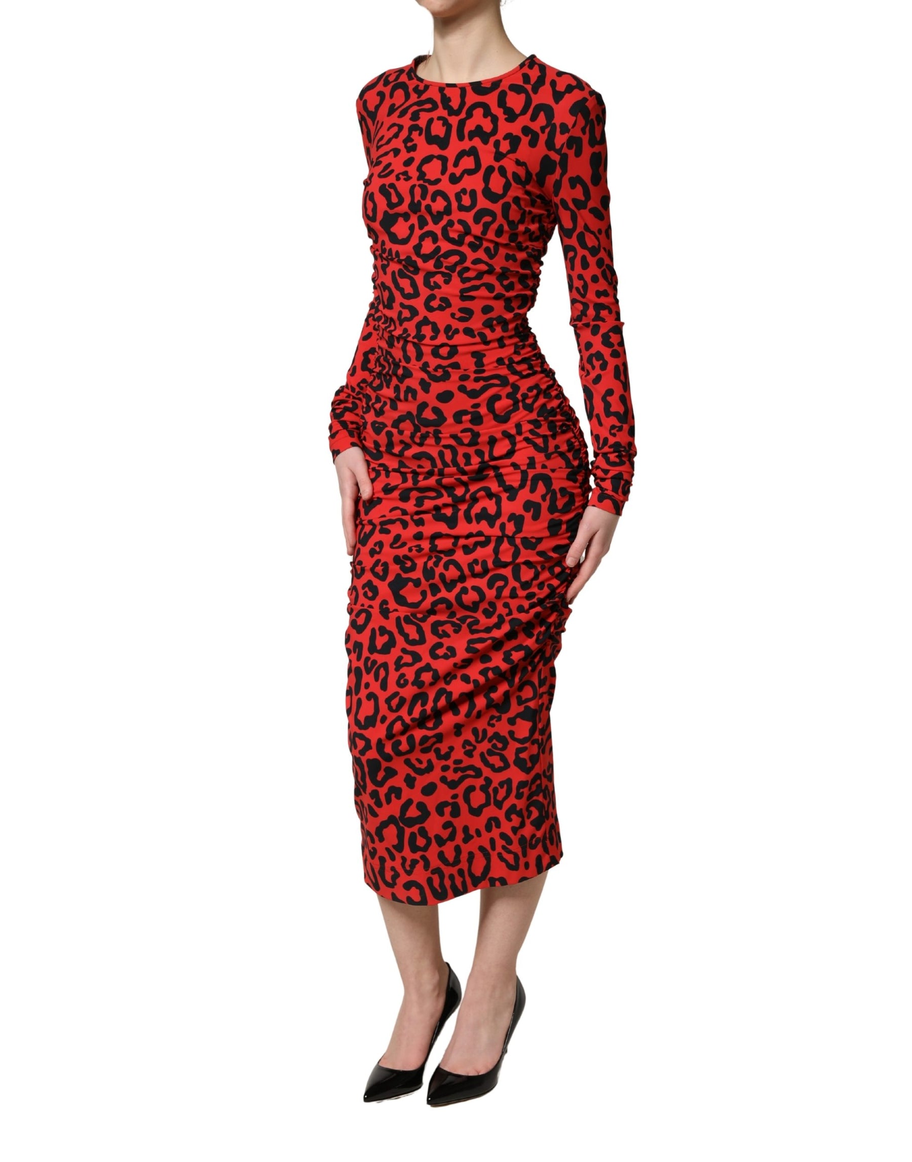 Dolce & Gabbana Red Leopard Print Long Sleeves Midi Dress | Regal Royce